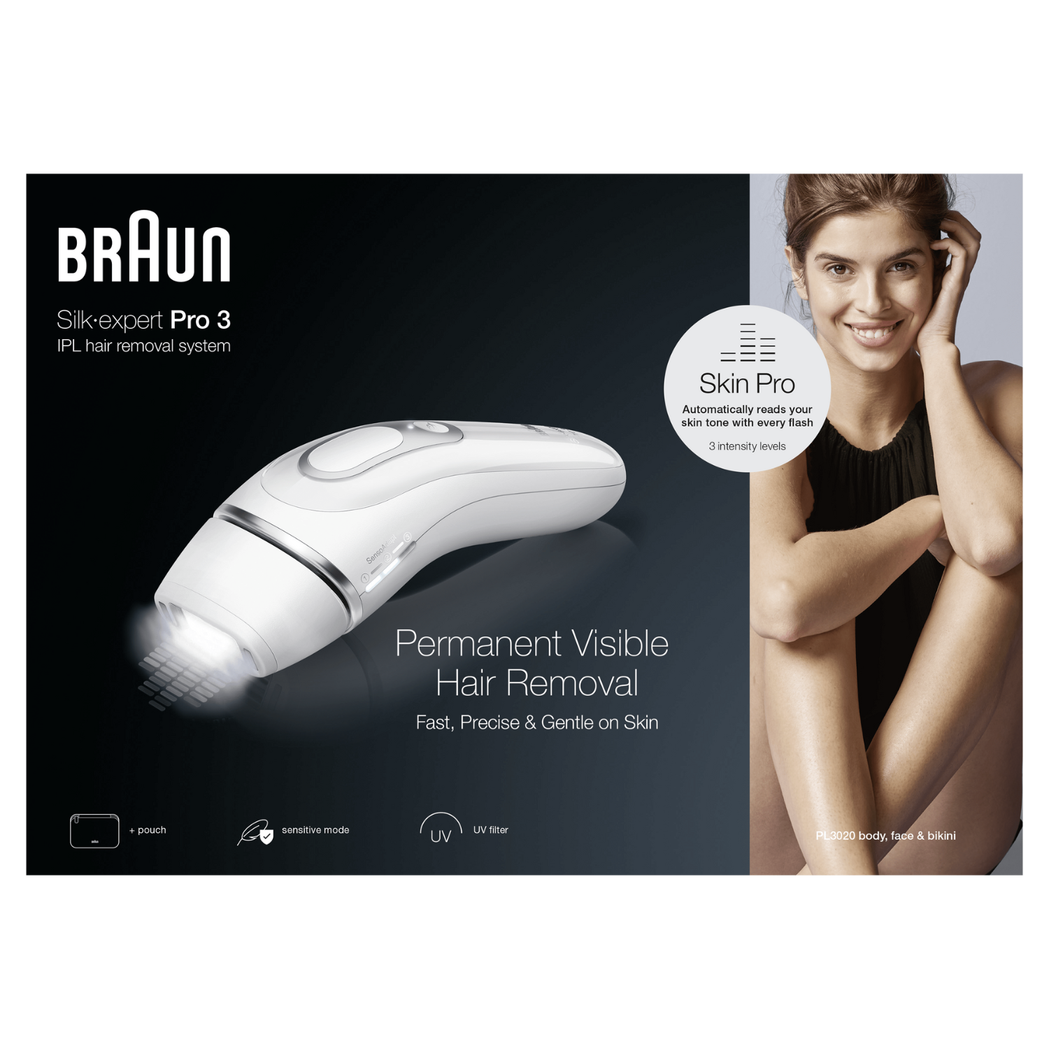Imagen muestra un dispositivo Braun Silk-expert Pro 3 IPL, con rostro y piernas de mujer. Texto promueve depilación permanente y tono piel.