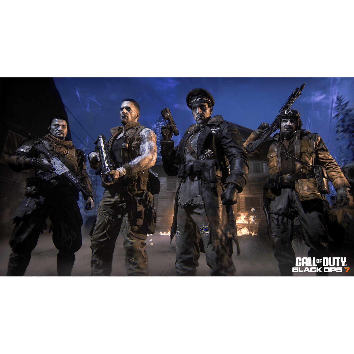 Cuatro soldados de Call of Duty: Black Ops 7 armados juntos. Un edificio en llamas en el fondo con un cielo oscuro y nublado.