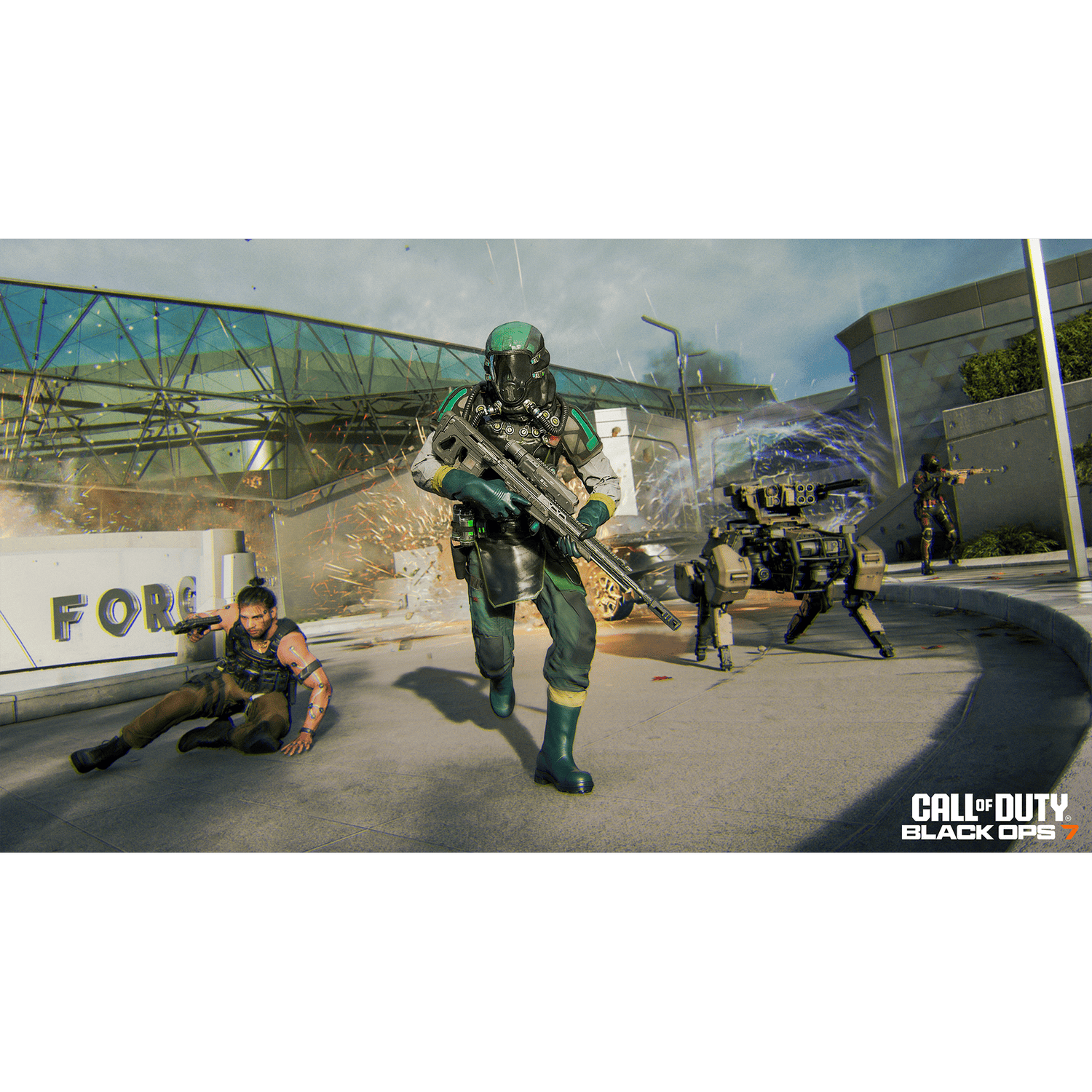 Soldado con equipo futurista sosteniendo un arma, otros soldados y robots en el fondo, y un hombre en el suelo.