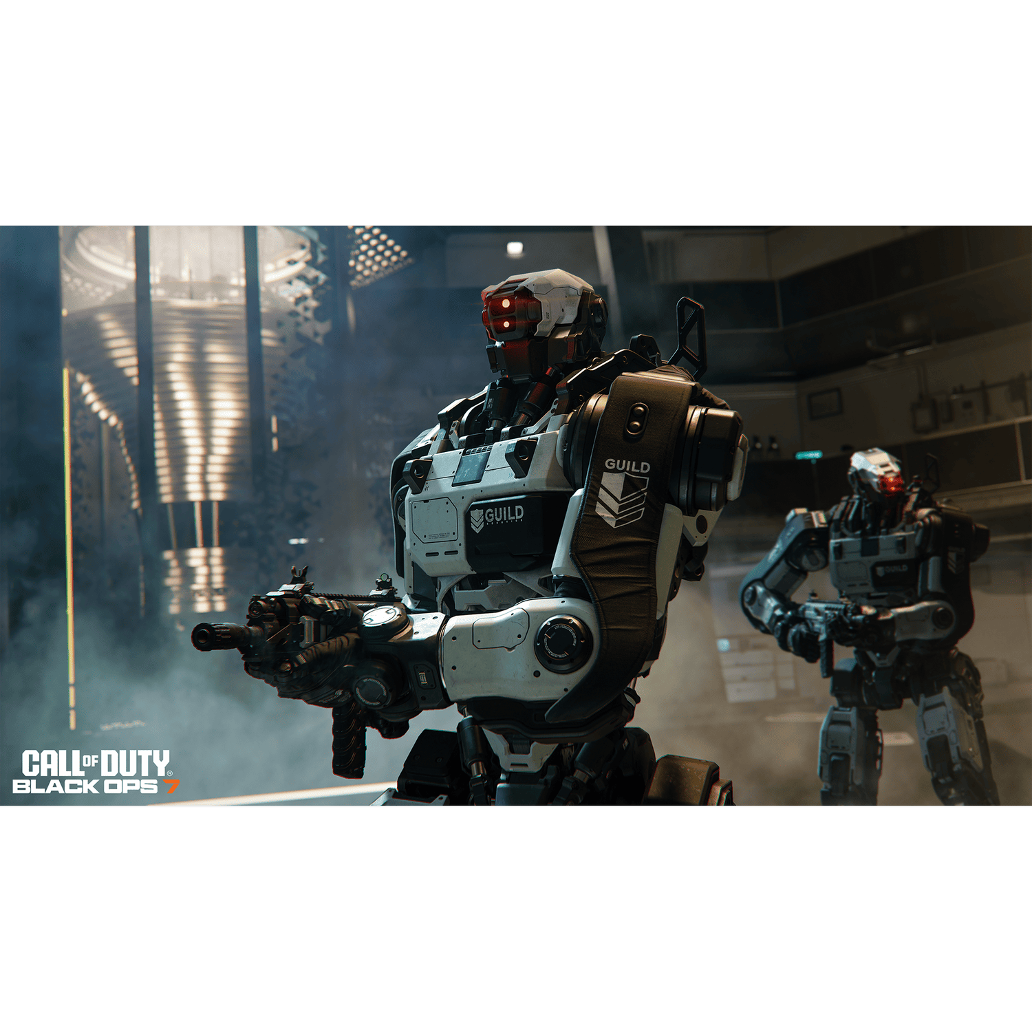 Dos robots con armas en un entorno futurista. Uno sostiene un arma, el otro está detrás. Logotipo de "Call of Duty" visible.