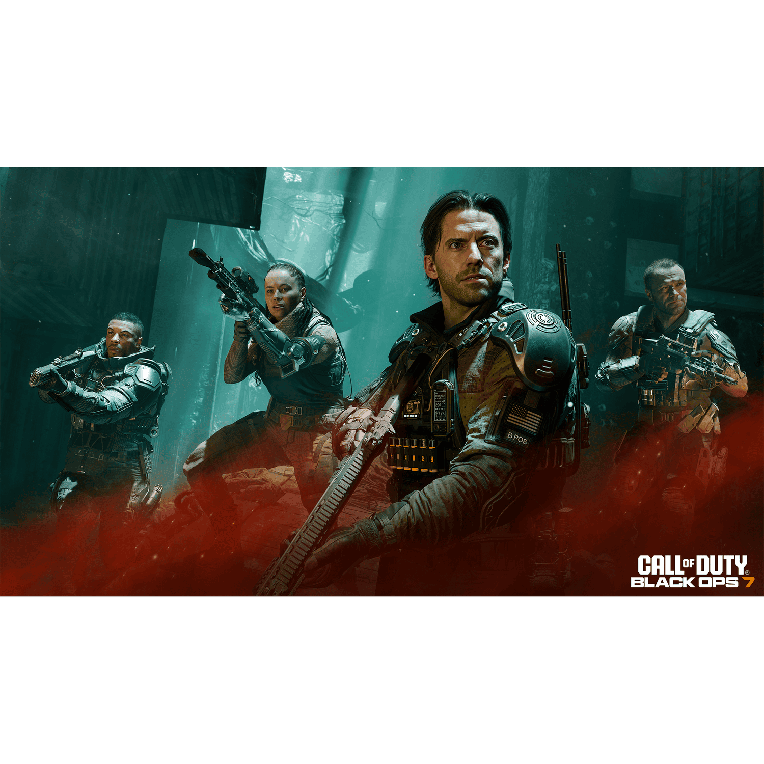 Cuatro soldados apuntando rifles en una escena de guerra. El logo de Call of Duty Black Ops 7 abajo a la derecha.