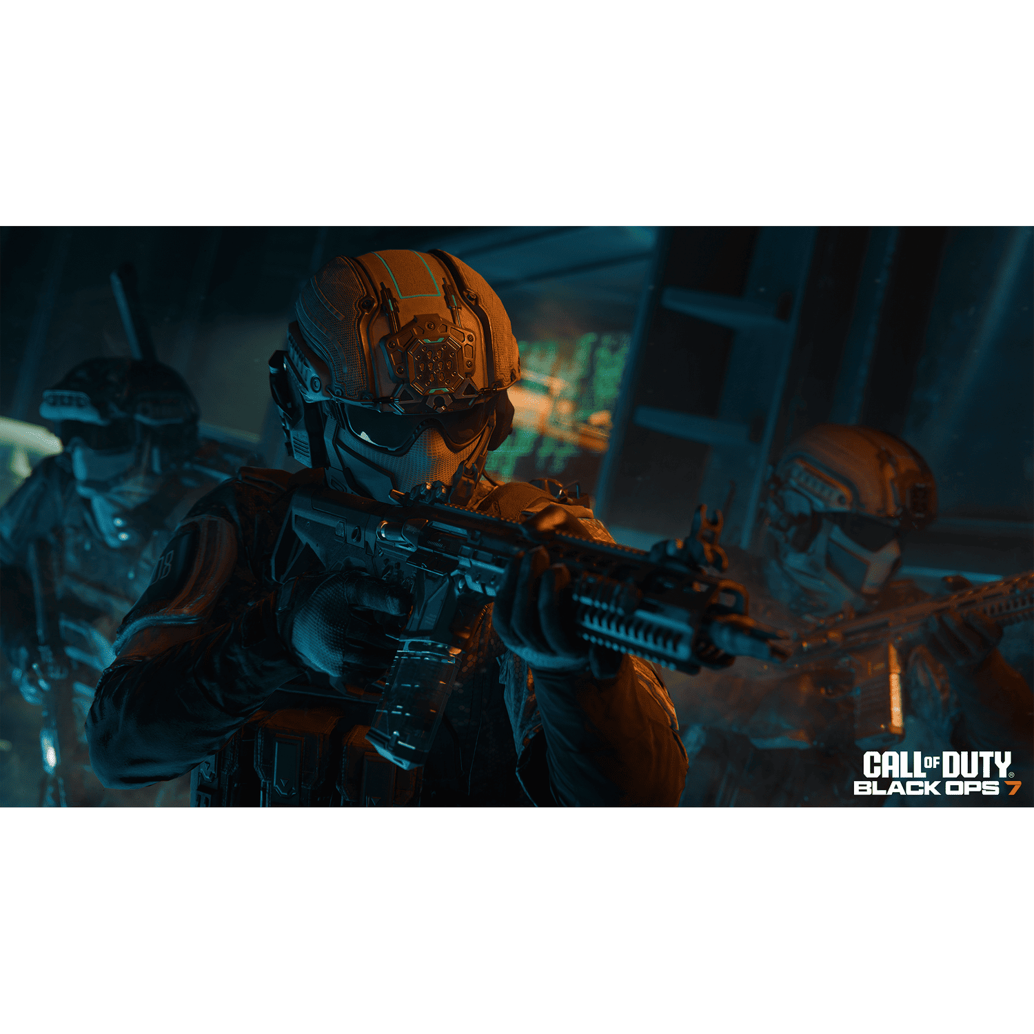 Soldados con equipo táctico sosteniendo rifles. El soldado delantero usa casco y cubrebocas. Logotipo de Call of Duty: Black Ops 7.