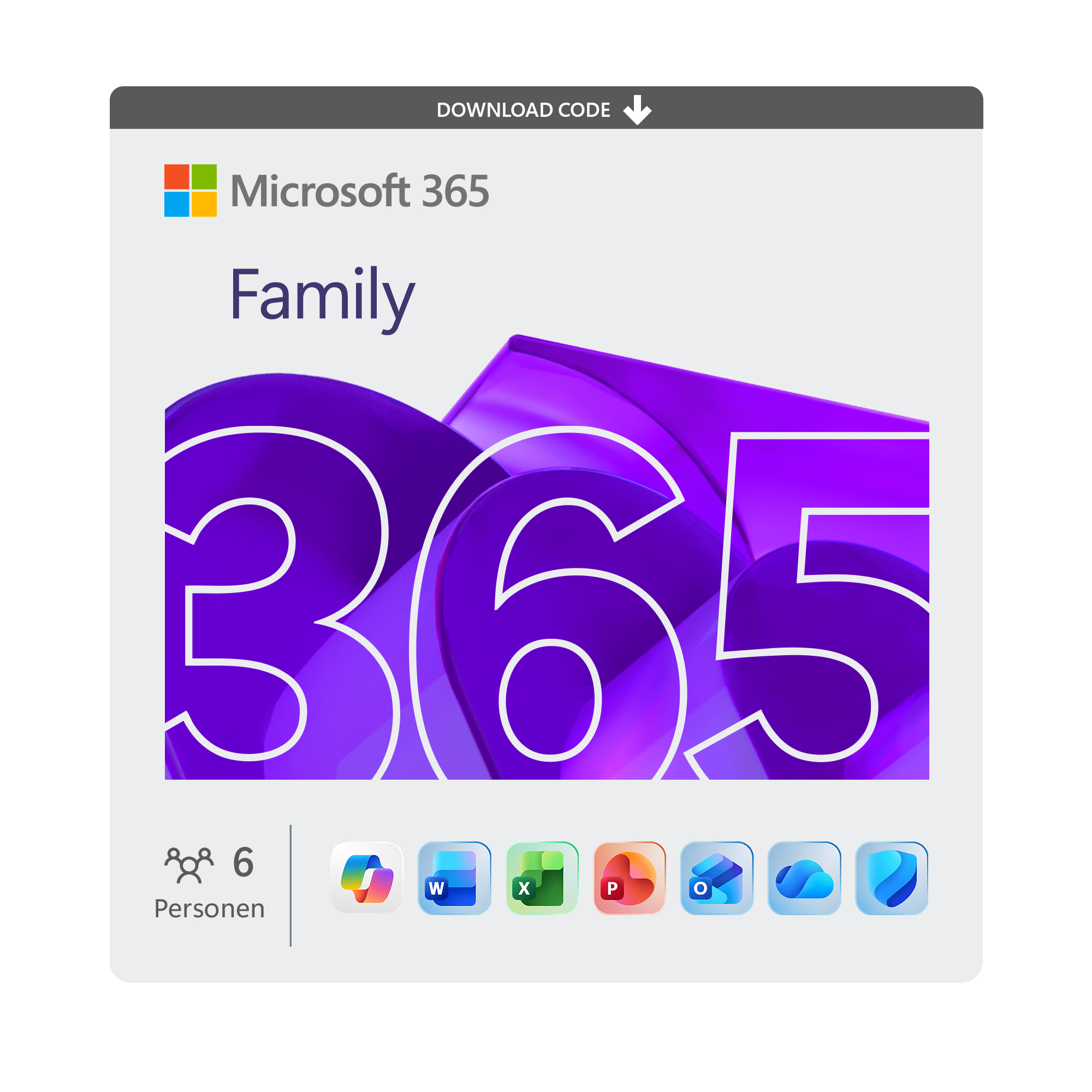 Microsoft 365 Family-Box. Lila '365'-Grafik. Enthält Symbole für 6 Personen und Apps wie Word, Excel, Outlook.