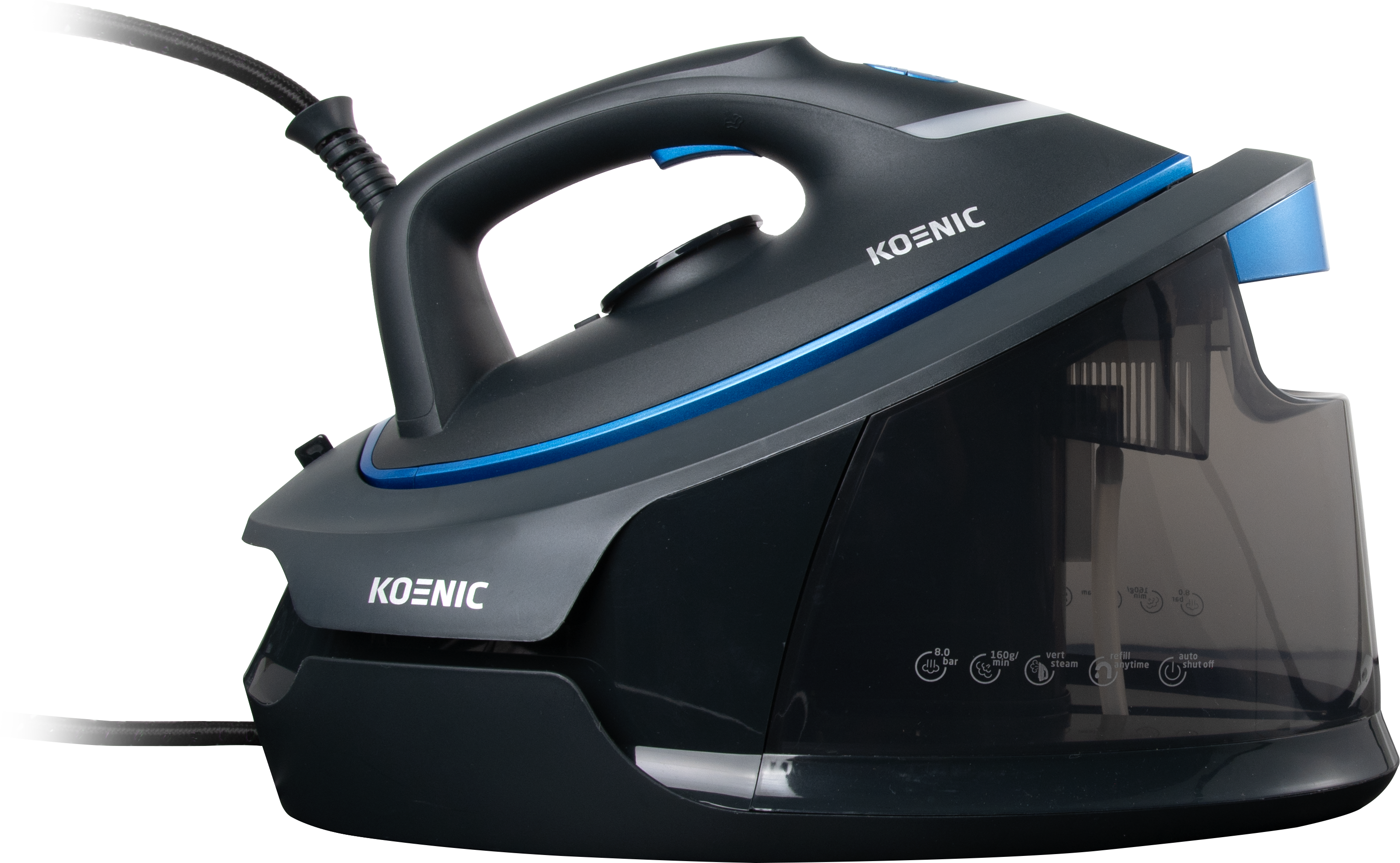 Un fer à repasser à vapeur Koenic noir et bleu. Il a une poignée, un réservoir d'eau et un cordon d'alimentation.