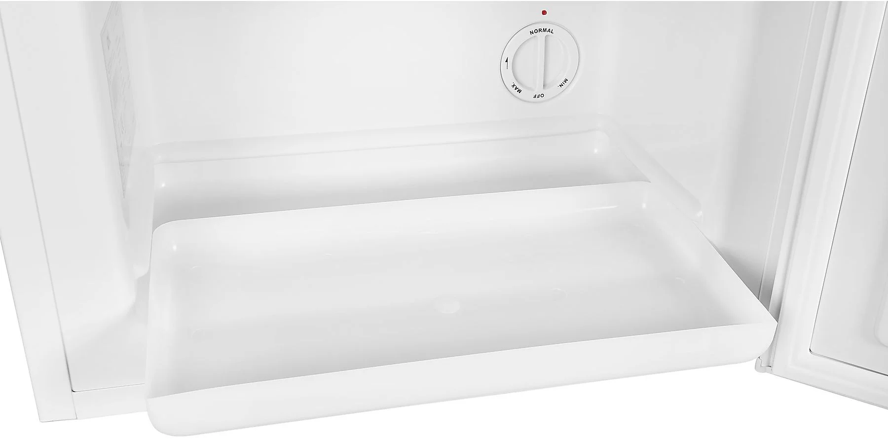 À l'intérieur d'un réfrigérateur blanc, montrant un tiroir. Un cadran a des réglages : Normal, Max, Min et Off. L'intérieur est blanc.