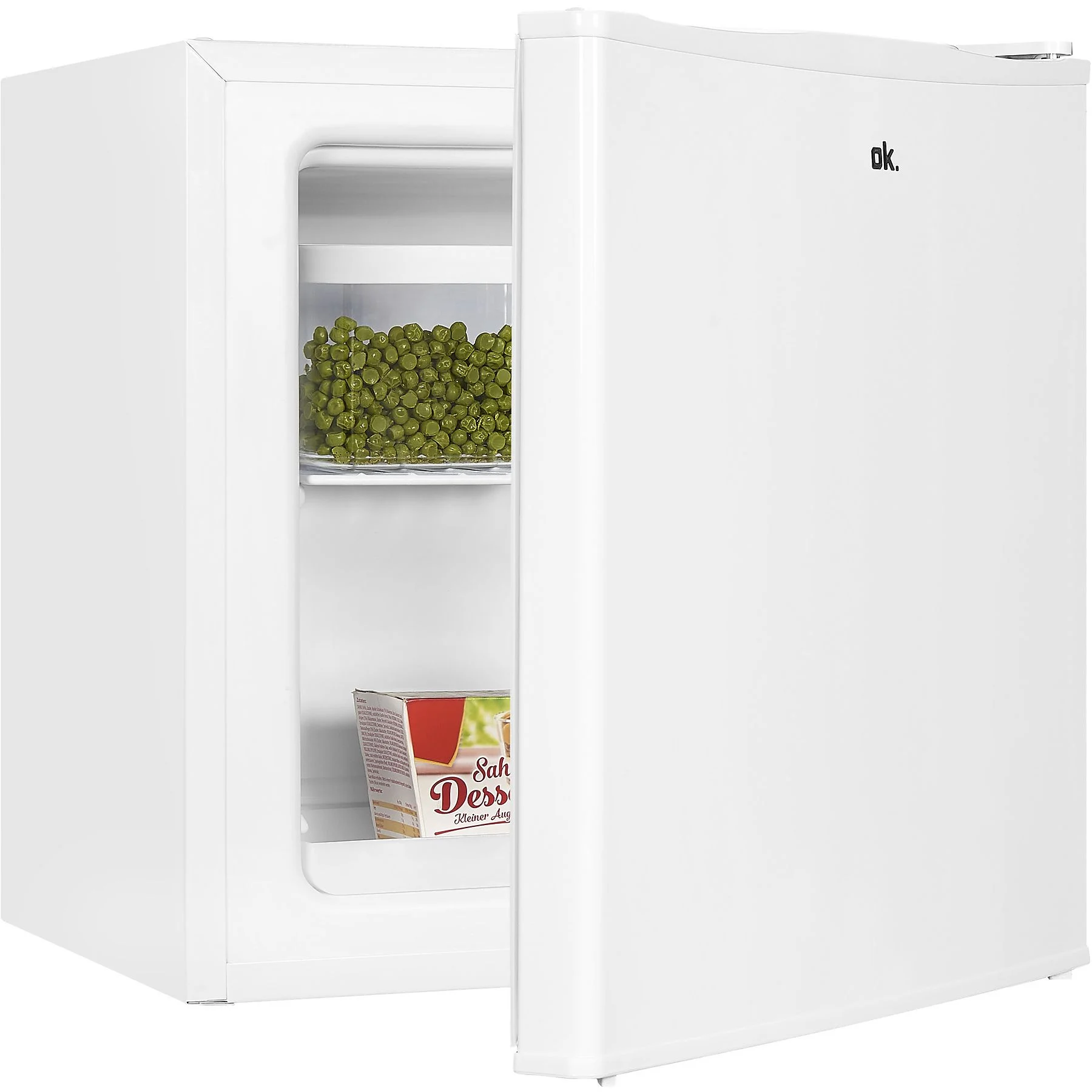 Un mini-réfrigérateur blanc avec la porte ouverte. À l'intérieur, il y a des petits pois verts et une boîte de dessert.