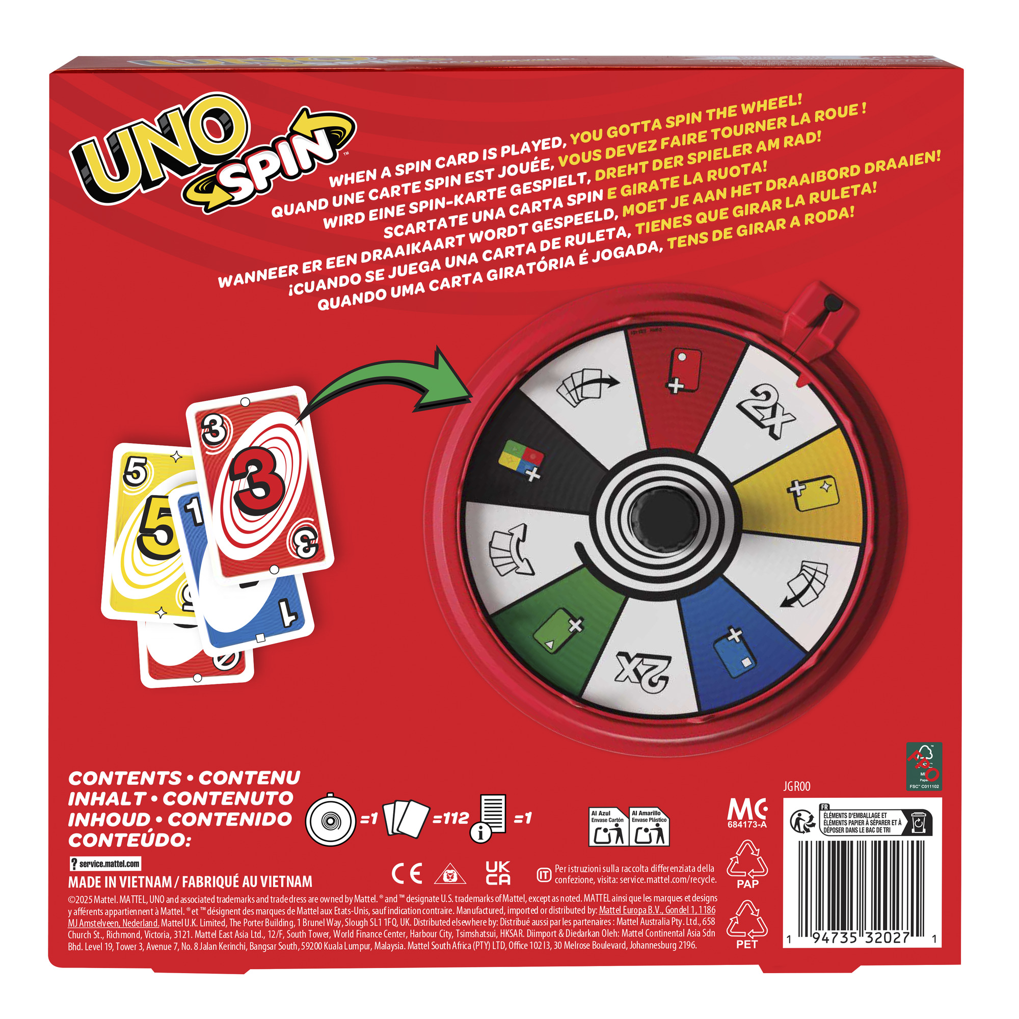 Die Schachtel des Uno Spin-Spiels. Sie zeigt Karten und ein Rad. Roter Hintergrund mit Spielinfo.