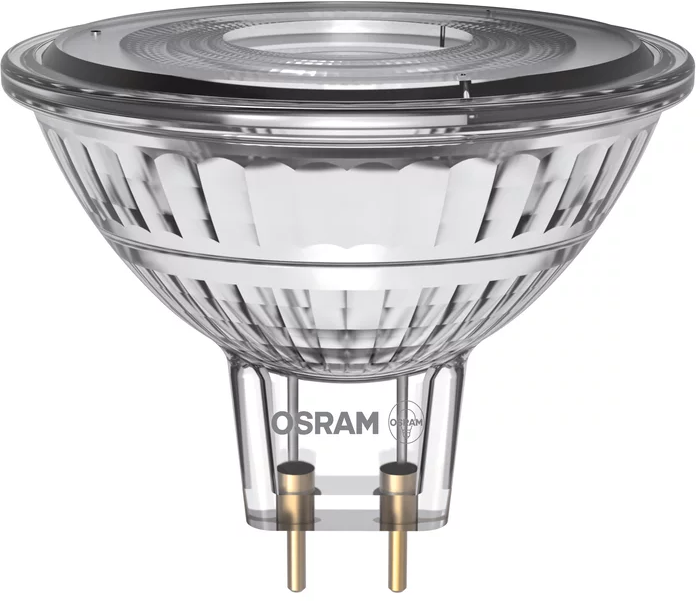 Une ampoule transparente, en forme de verre, avec la marque OSRAM. Elle a un intérieur réfléchissant, des broches dorées et un design strié, isolée sur blanc.