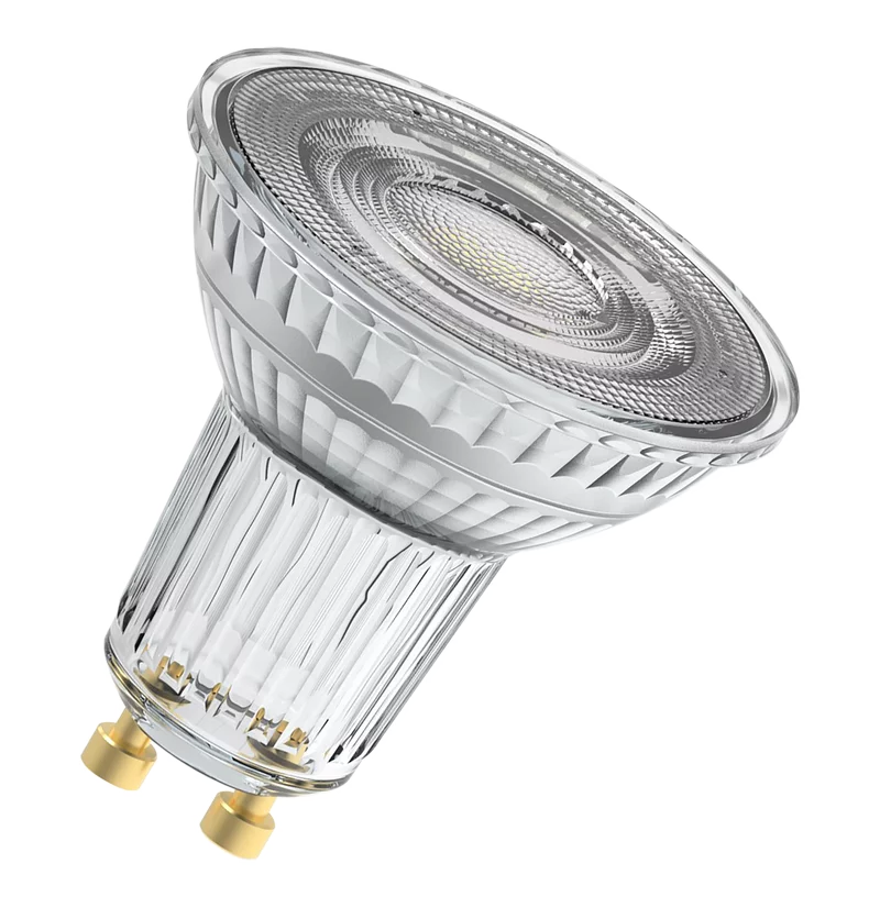 Nahaufnahme einer durchsichtigen LED-Glühbirne mit metallischem Sockel und zwei goldenen Stiften. Die Birne hat eine strukturierte Front.