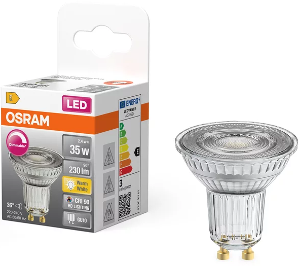 Das Bild zeigt eine OSRAM LED-Glühbirne und ihre Verpackung. Die Glühbirne ist transparent, die Box weiß und orange mit Produktdetails.