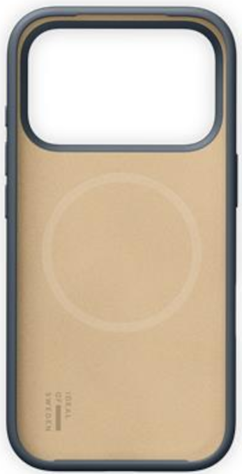 Une coque de téléphone avec un cadre bleu et un intérieur beige. La coque a une découpe pour l'appareil photo et un cercle MagSafe.