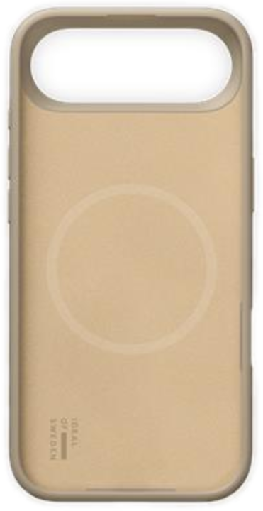 Une coque de téléphone beige avec un design circulaire. La coque a une découpe pour l'appareil photo et un logo qui dit 'IDEAL OF SWEDEN'.