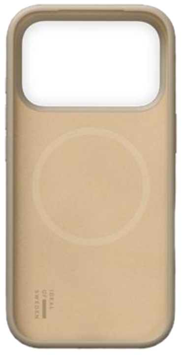 Eine beige Handyhülle mit Kameraausschnitt und rundem Design auf der Rückseite. 'Ideal of Sweden' ist unten aufgedruckt.