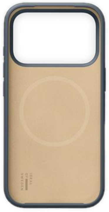 Une coque de téléphone avec un cadre bleu et un intérieur beige. La coque a une découpe pour l'appareil photo et un design circulaire.