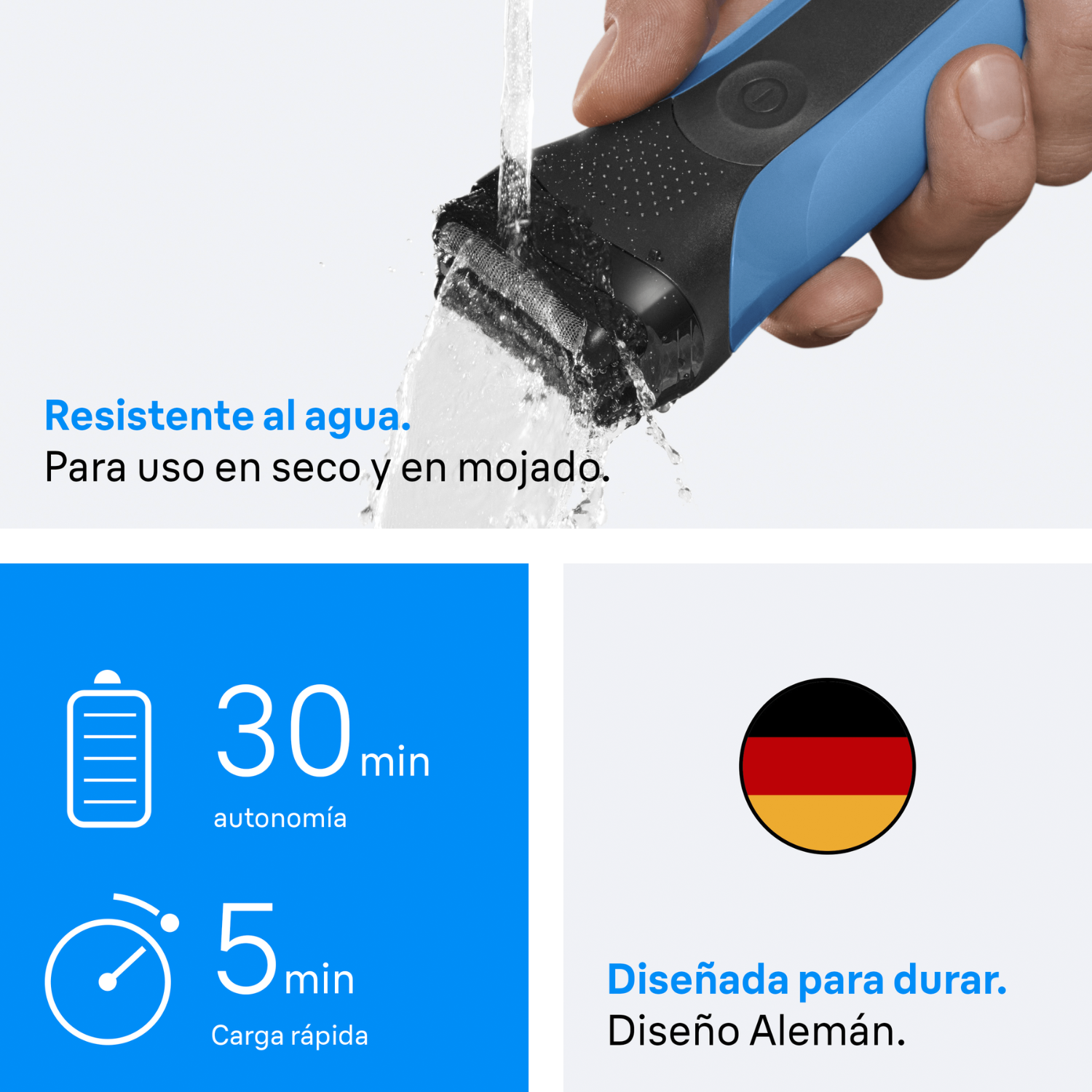 Afeitadora eléctrica en uso, con agua vertiéndose sobre ella. Características: 30 min de batería, 5 min de carga rápida, diseño alemán.