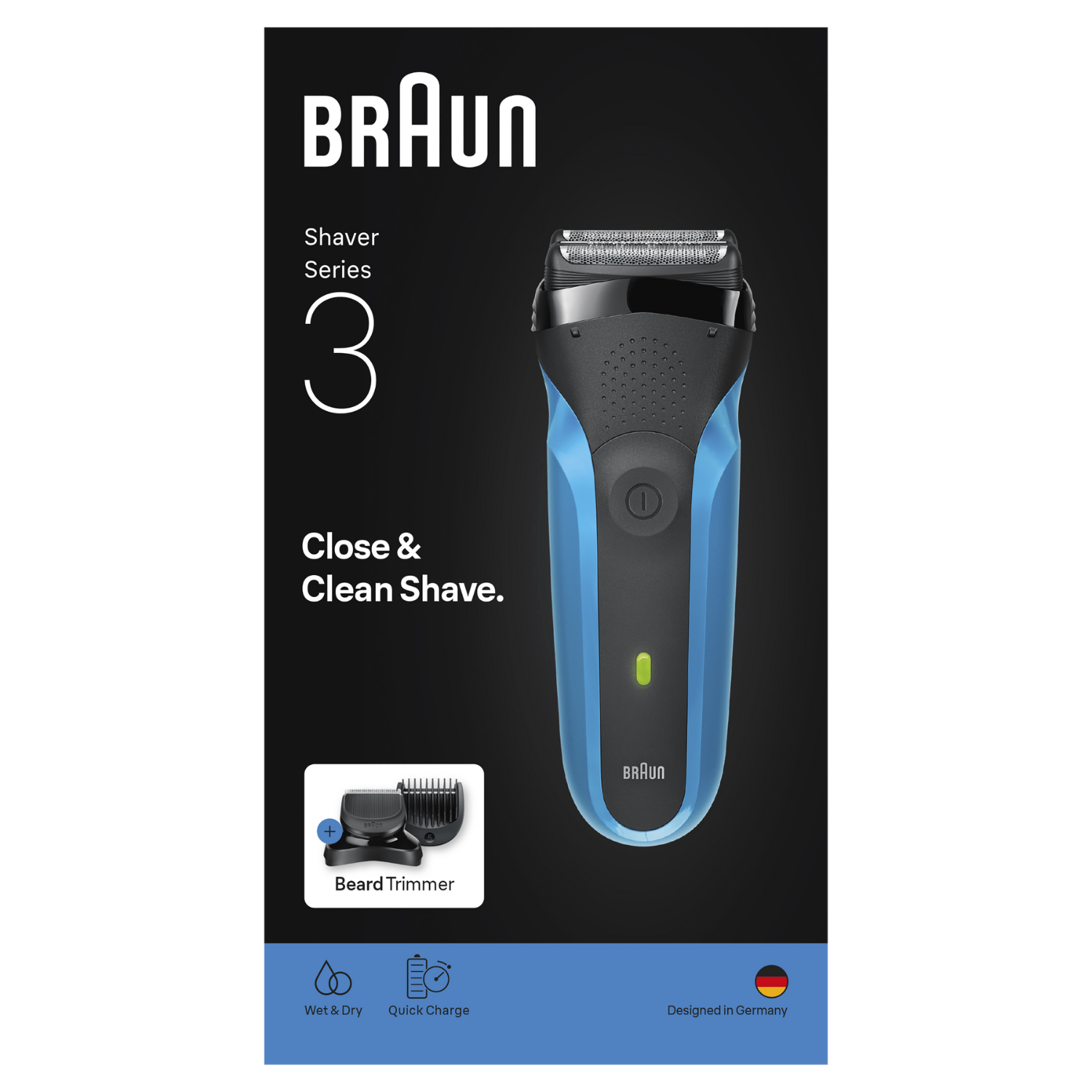 Una afeitadora eléctrica Braun Series 3 con cuerpo azul y negro se muestra sobre un fondo negro. Incluye recortadora de barba.