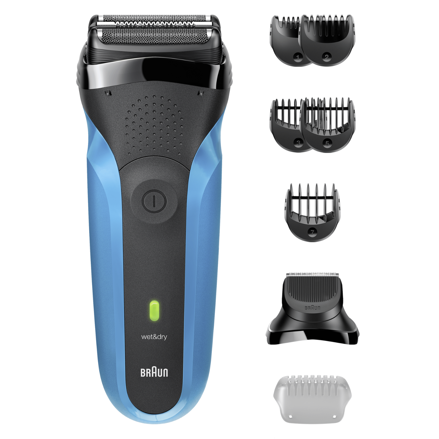 Afeitadora eléctrica Braun azul y negra con múltiples accesorios. La afeitadora está etiquetada como 'wet&dry' y 'Braun'.