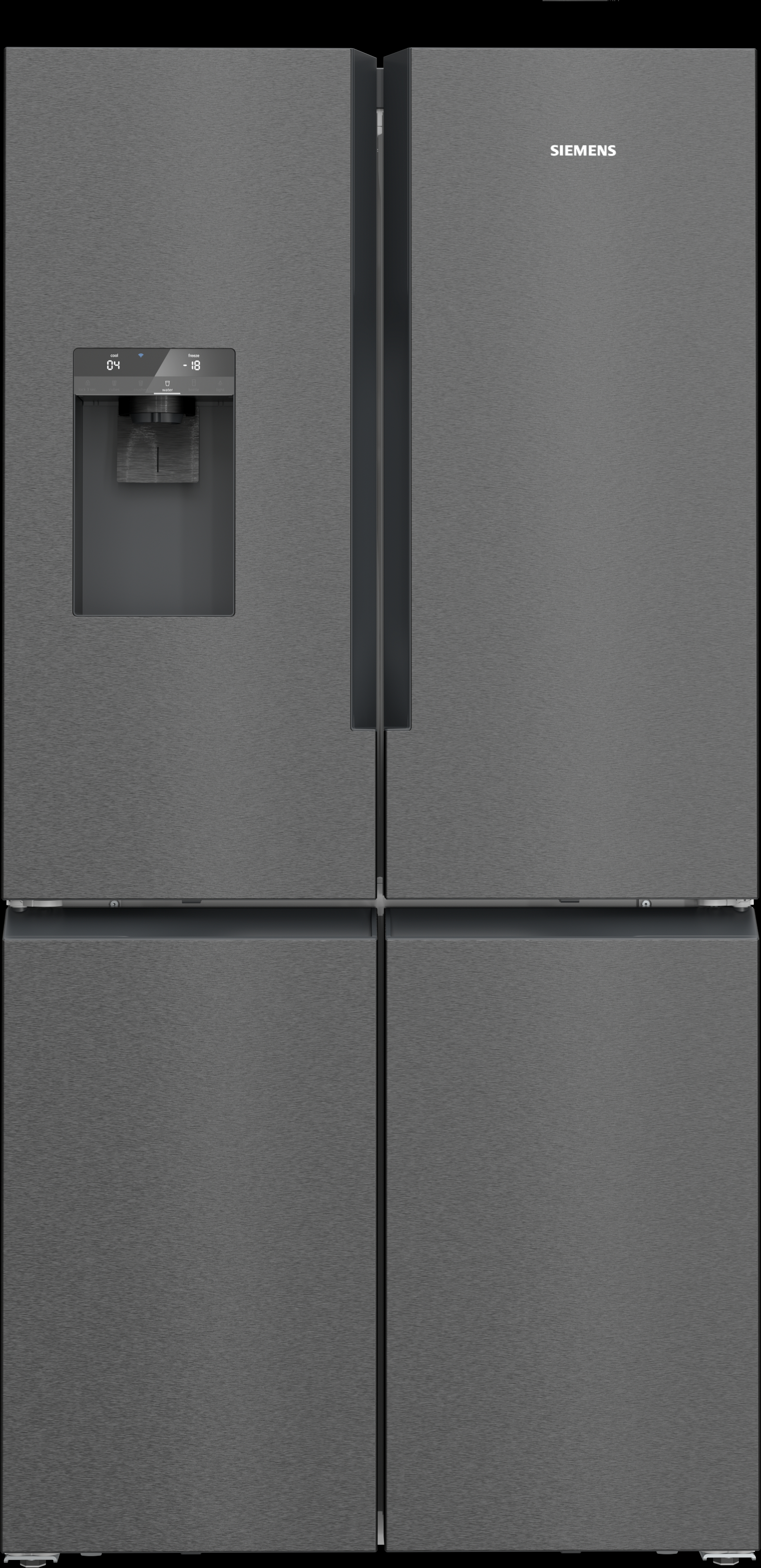 Ein grauer Siemens-Kühlschrank mit vier Türen. Er hat einen Wasserspender und eine Digitalanzeige.