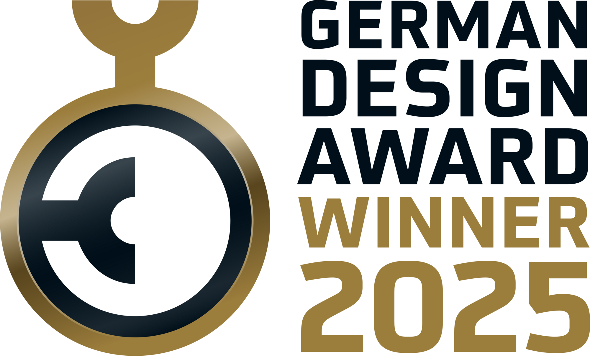 Das Logo des German Design Award Winner 2025. Enthält eine Medaille und Text in Schwarz und Gold auf weißem Grund.