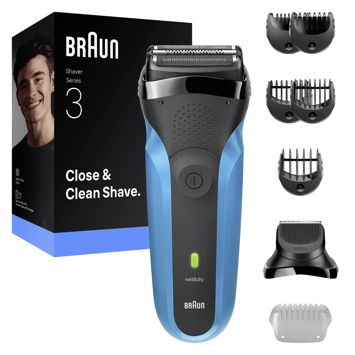 Una afeitadora Braun Series 3 azul y negra con accesorios. A la izquierda, una caja con la cara de un hombre. Texto: Close & Clean Shave.