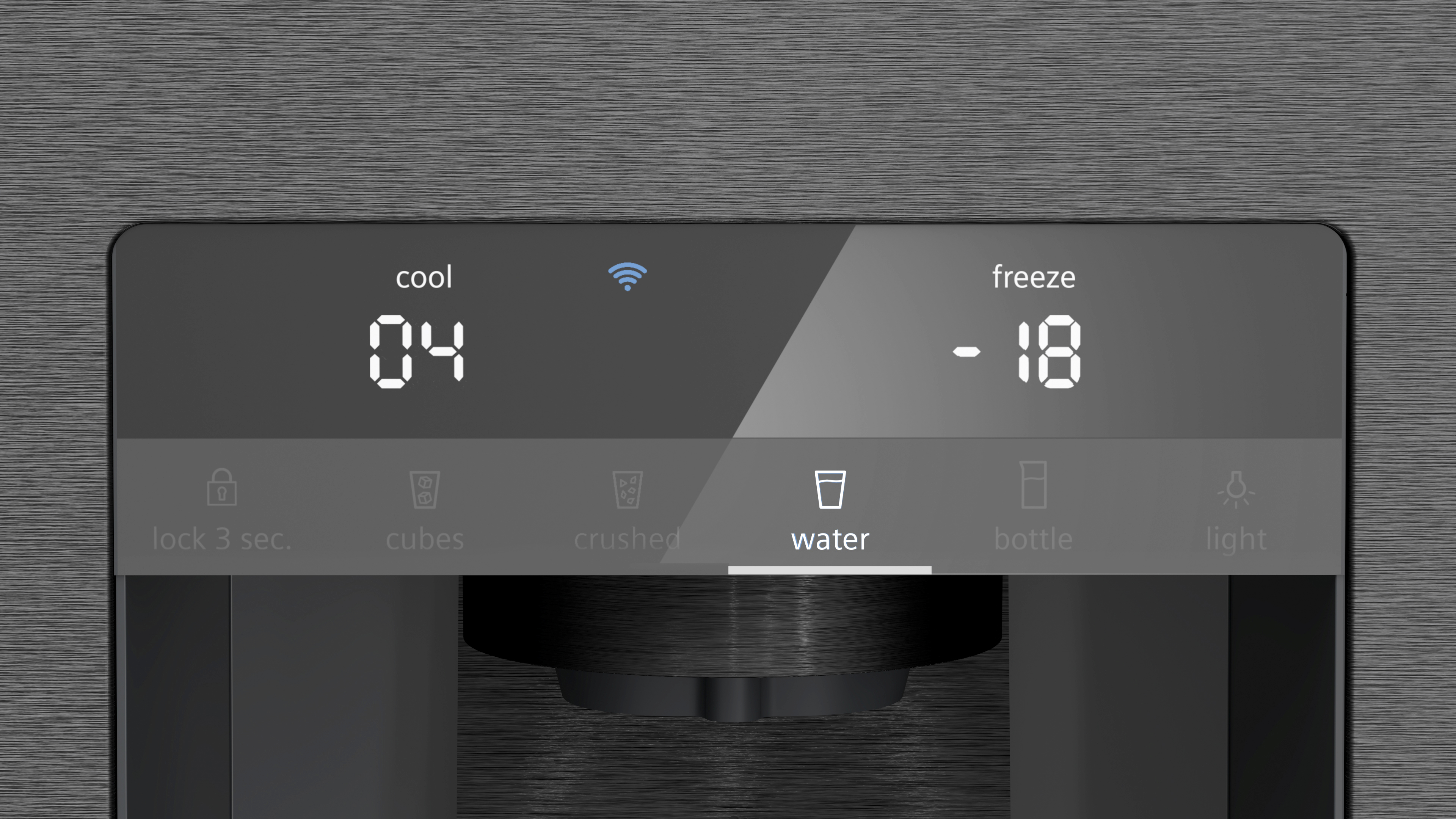 Kühlschrank-Bedienfeld. Zeigt „cool“ mit 04, „freeze“ mit -18, ein WLAN-Symbol und Optionen für Wasser, Eis und Licht.