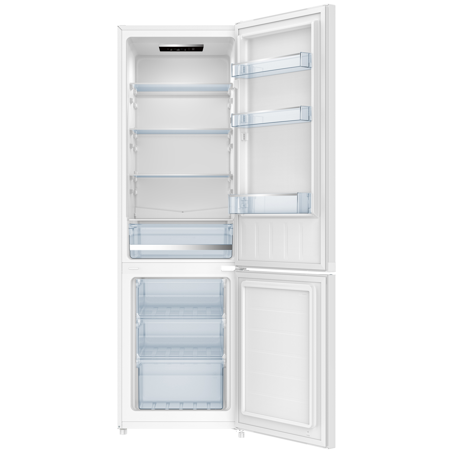 Open white refrigerator with empty shelves and drawers. Upper section has shelves, and the bottom has drawers. The door is open.