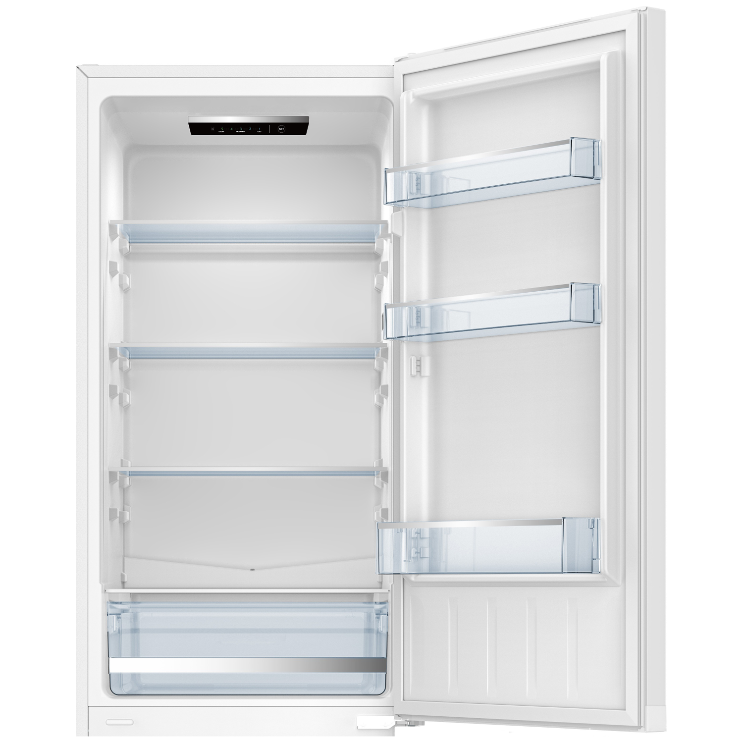 An open, empty white refrigerator. It has clear shelves and drawers. The door is open, revealing the interior. Control panel at the top.