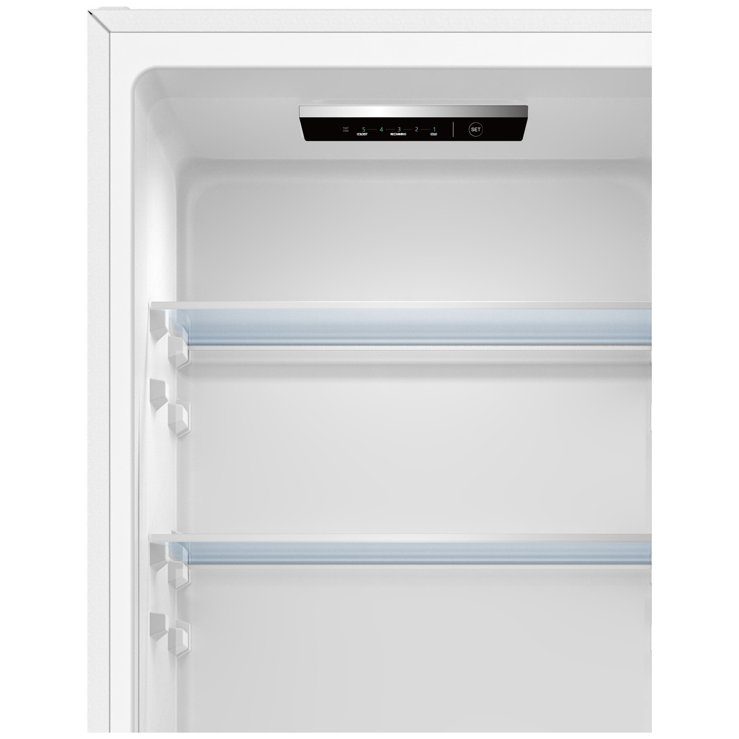 Inside of a white refrigerator. It has shelves and a control panel at the top.