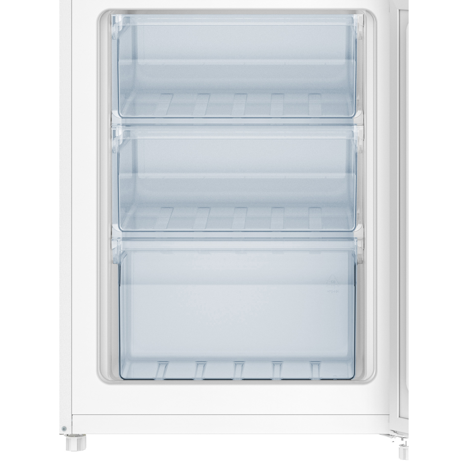 Open white freezer with three transparent drawers. The door and frame are white, and the interior is empty.