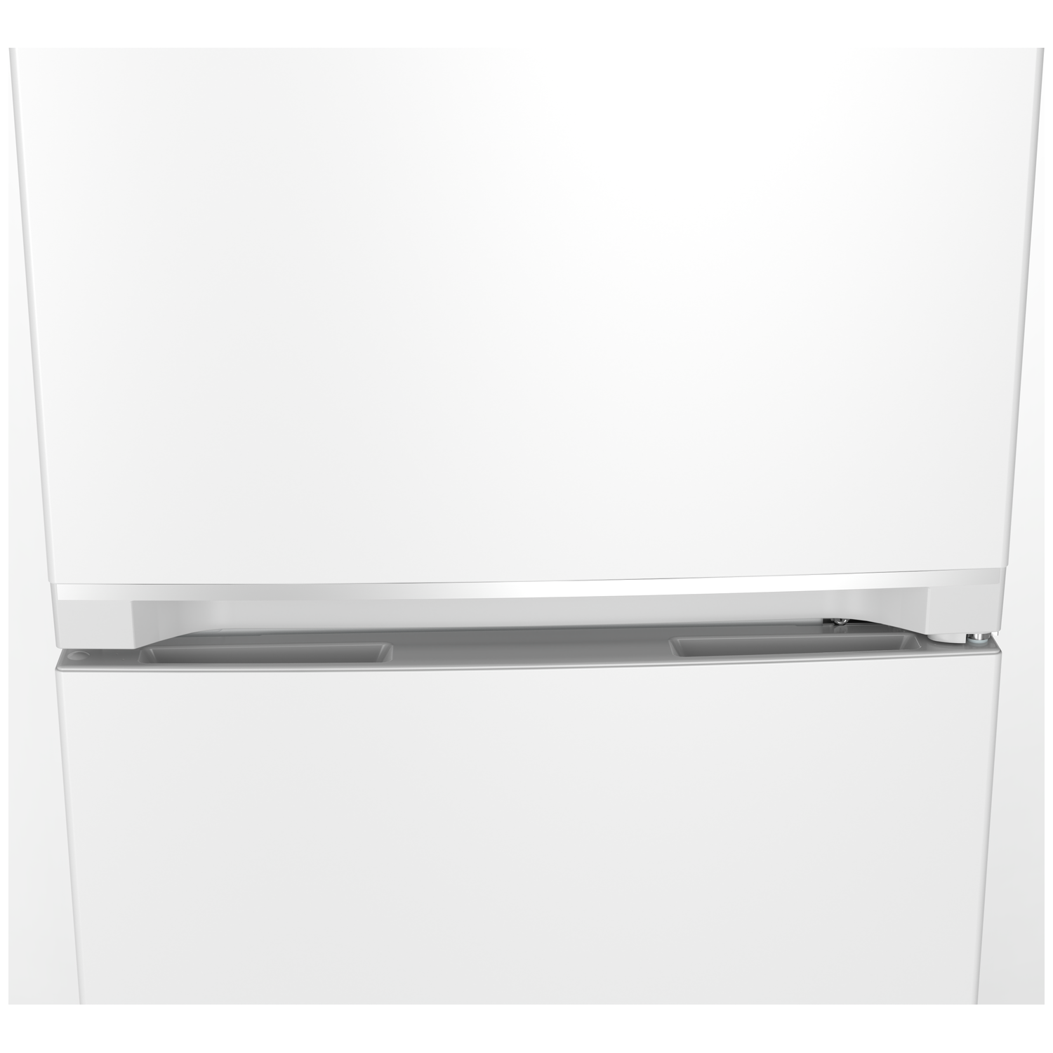 Close-up of a white refrigerator. The top section is slightly open, revealing a silver handle. The fridge is clean and new.