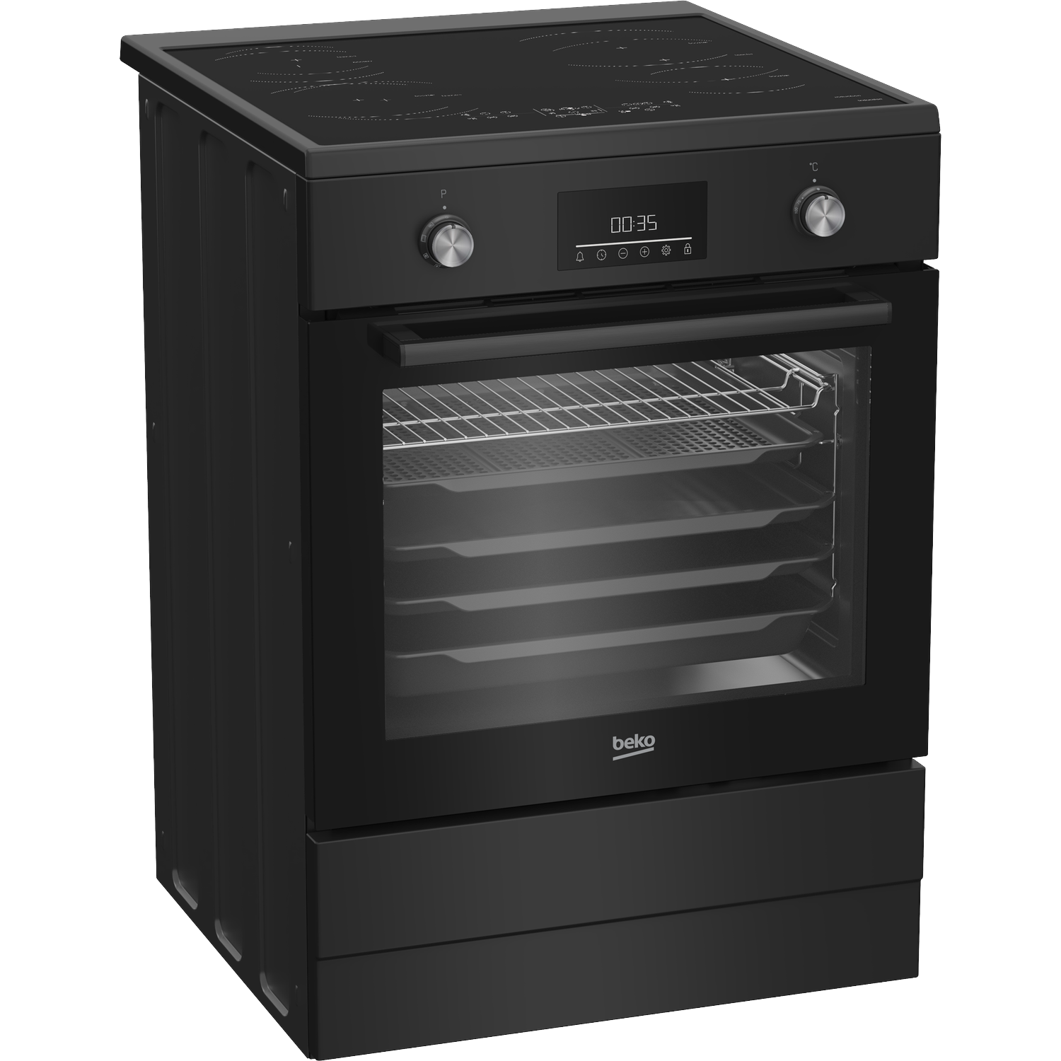 Een zwarte Beko oven met glazen deur, digitaal display en knoppen. Het heeft een kookplaat en meerdere laden.