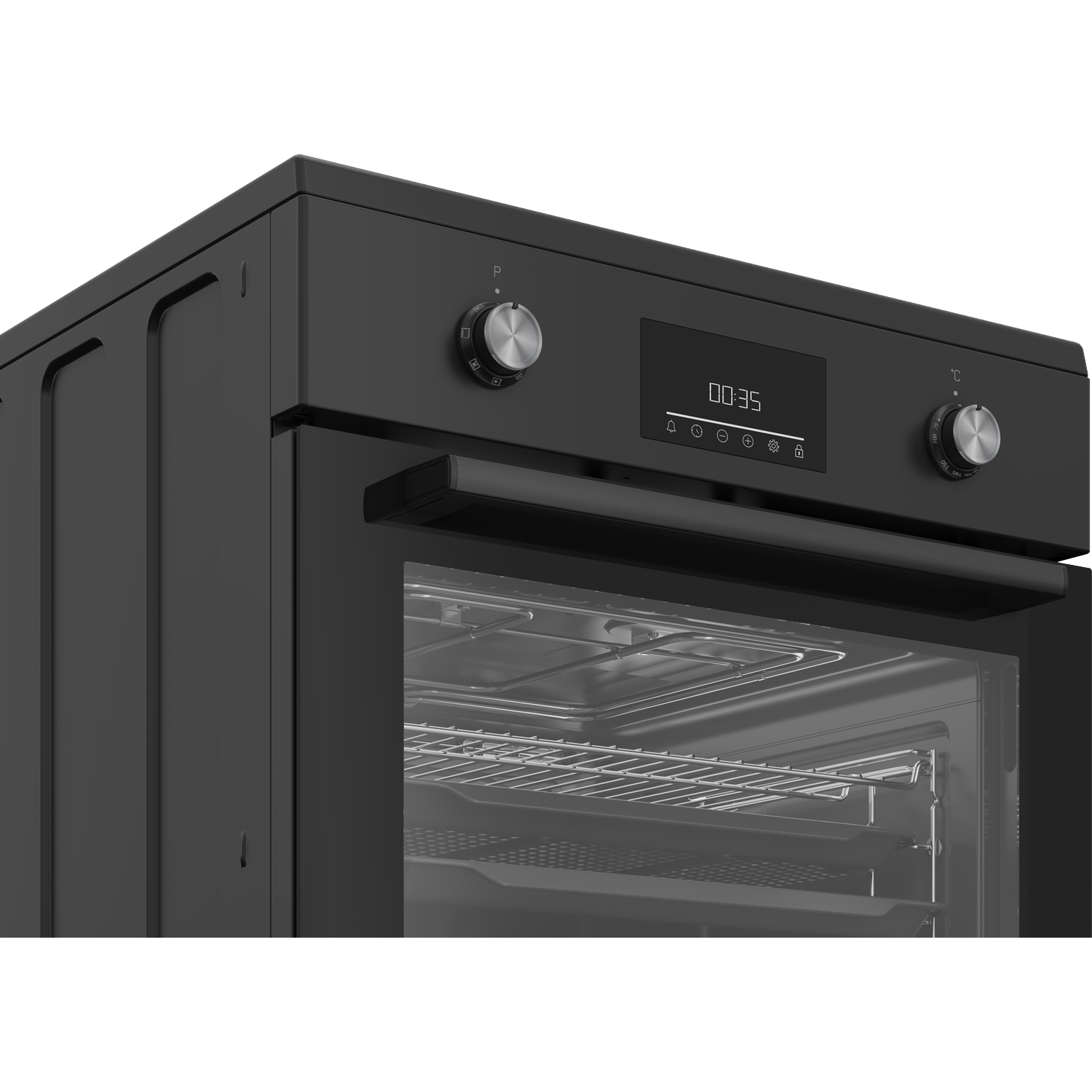 Een zwarte oven, de deur is gesloten, met zicht op de binnenkant met roosters. Er zijn twee bedieningsknoppen en een digitaal display.