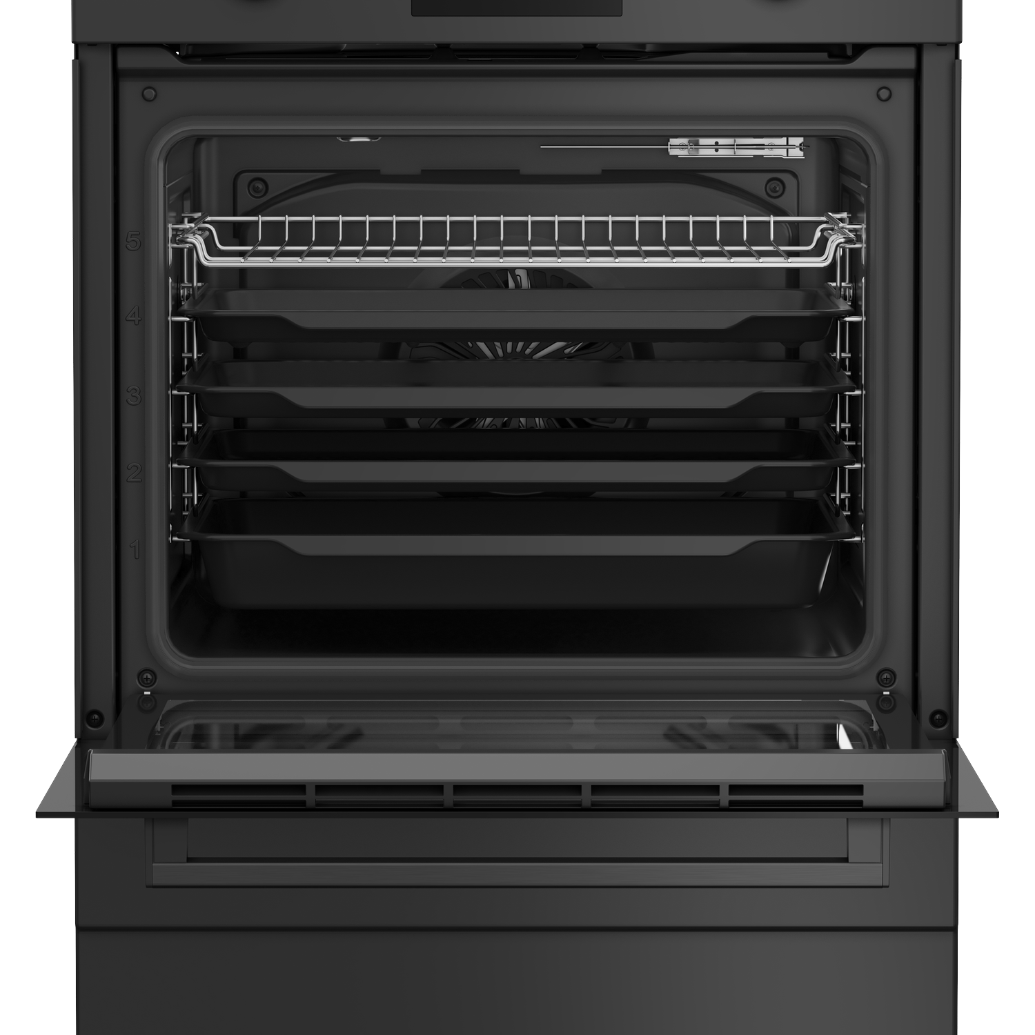 Open zwarte oven met meerdere trays en een draadrek binnenin. De ovendeur is open.