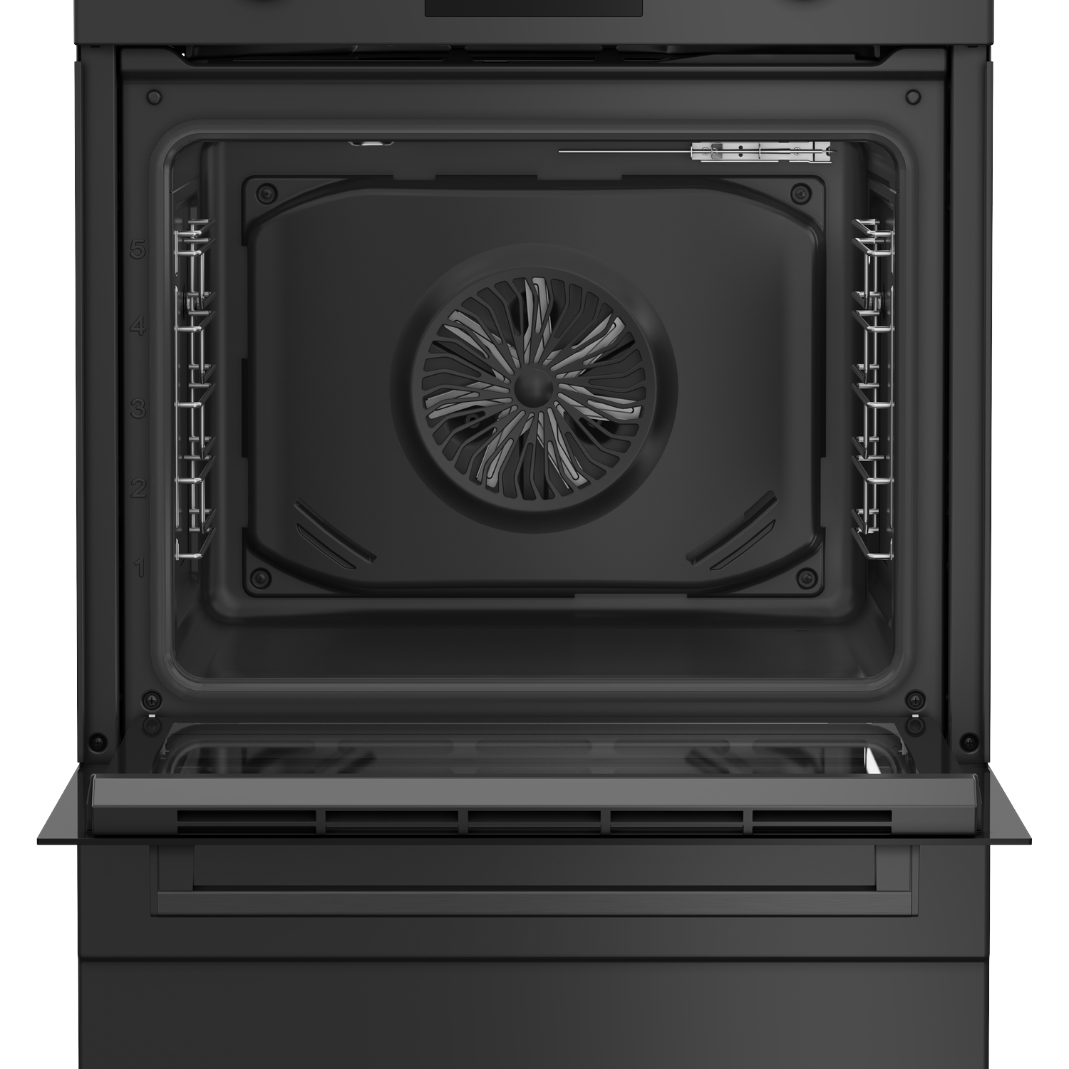 Open zwarte oven, met interieur, ventilator, roosters en deur. Cijfers 1-5 aan de linkerkant. Glazen deur staat open.