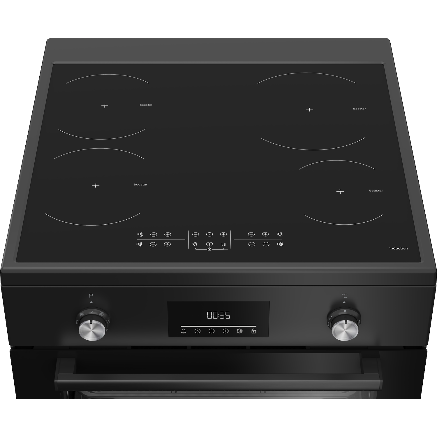 Een zwart inductiekookplaat met vier branders, een digitaal display en ovenbediening. De ovendeur is gesloten.
