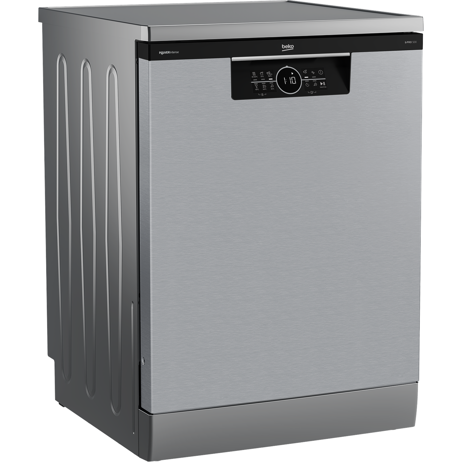 A stainless steel Beko dishwasher. The front panel has a control panel with buttons and a digital display showing '1:10'.