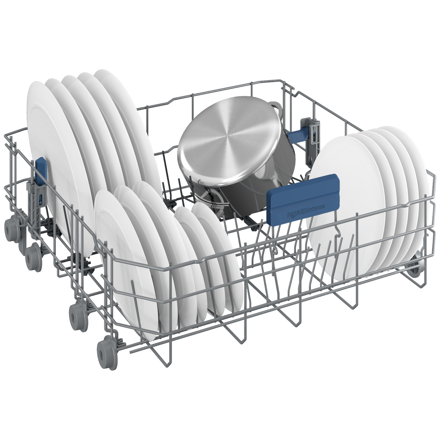 Dishwasher rack filled with white plates and a silver pot. Blue accents are visible on the rack.