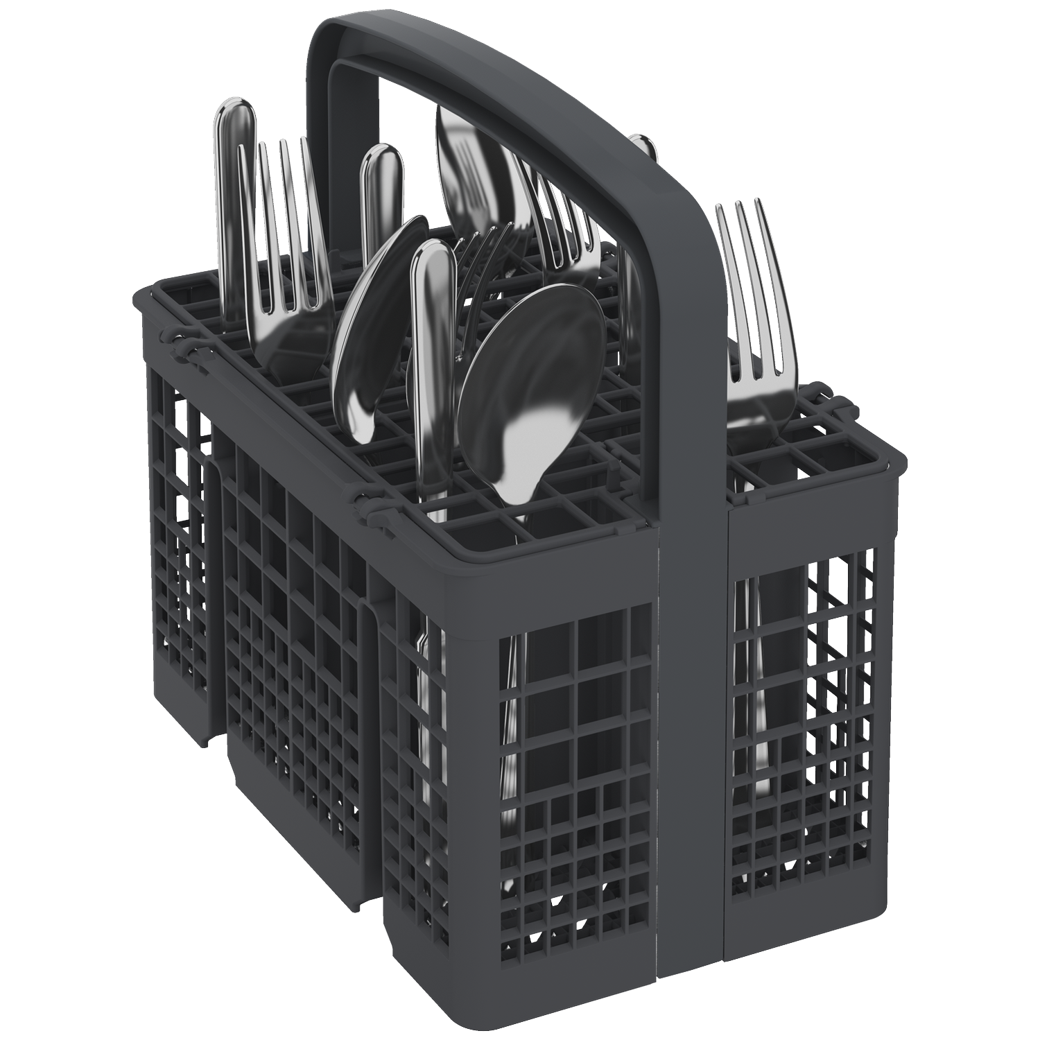 A gray dishwasher utensil basket filled with silverware: forks, knives, and spoons. The basket has a handle and is on a white background.