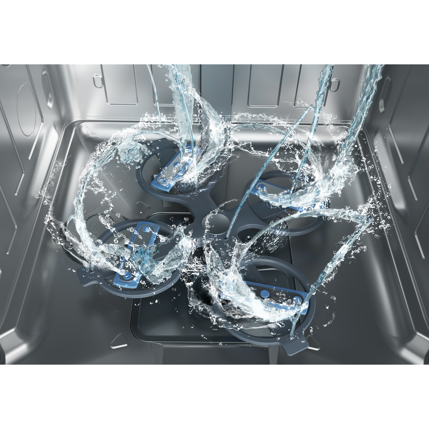 Inside a dishwasher, water sprays from rotating arms. The water forms arcs, creating a dynamic view of cleaning action.