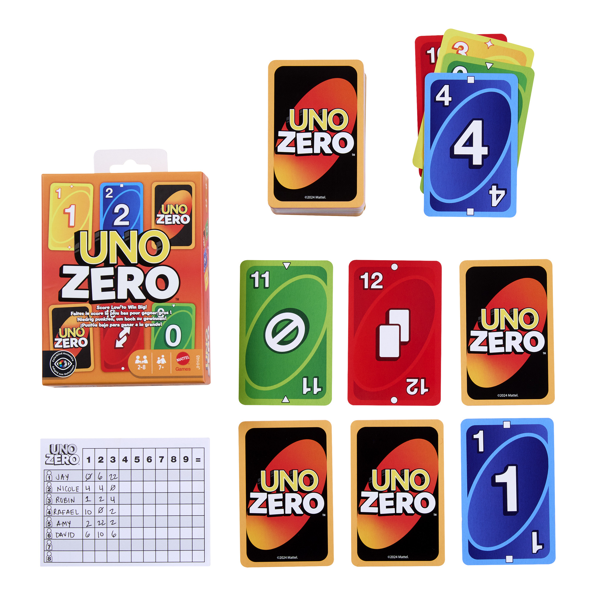 Ein Uno Zero-Spielset. Enthält Karten in verschiedenen Farben und Zahlen sowie eine Ergebnisliste. Eine Schachtel ist ebenfalls im Bild.