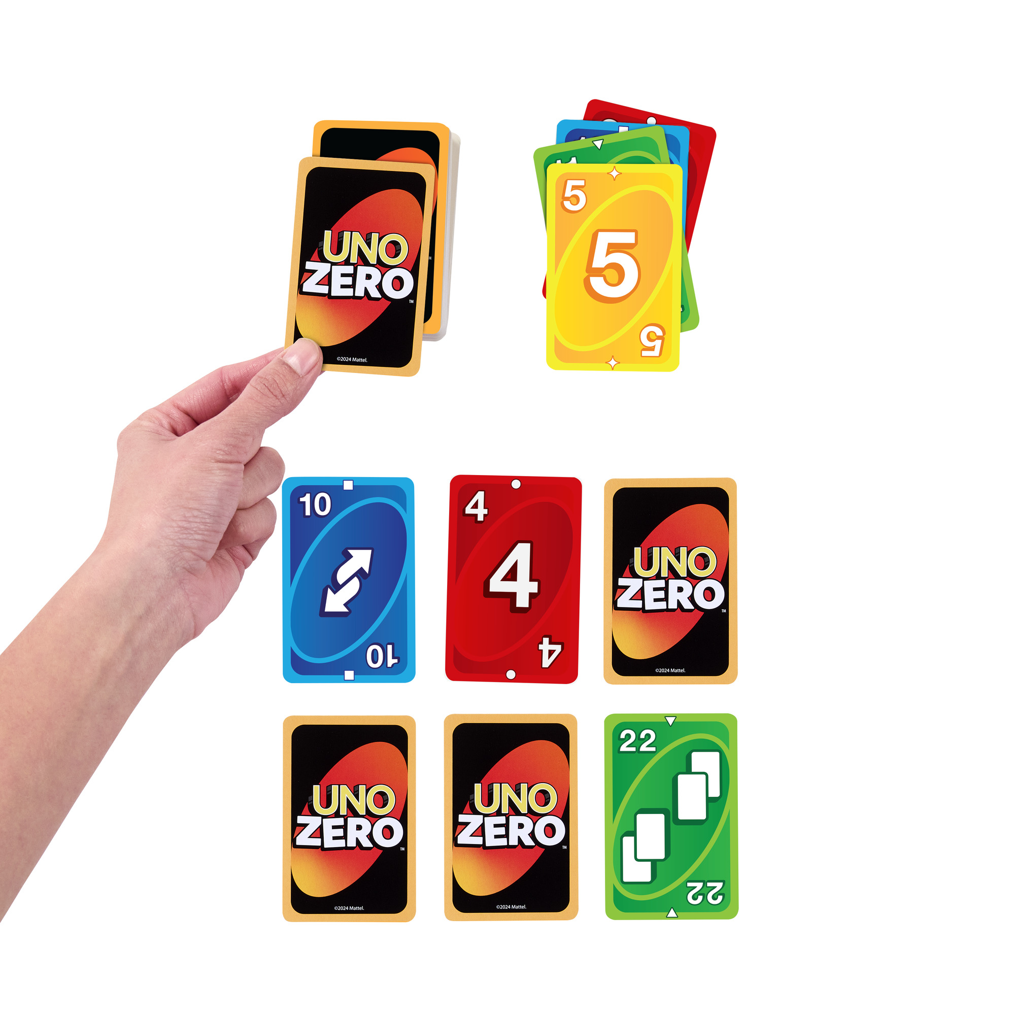 Hand hält Uno-Karten, andere sind ausgelegt. Karten enthalten Zahlen, Rückwärts und Zero. Farbvariationen sind vorhanden.