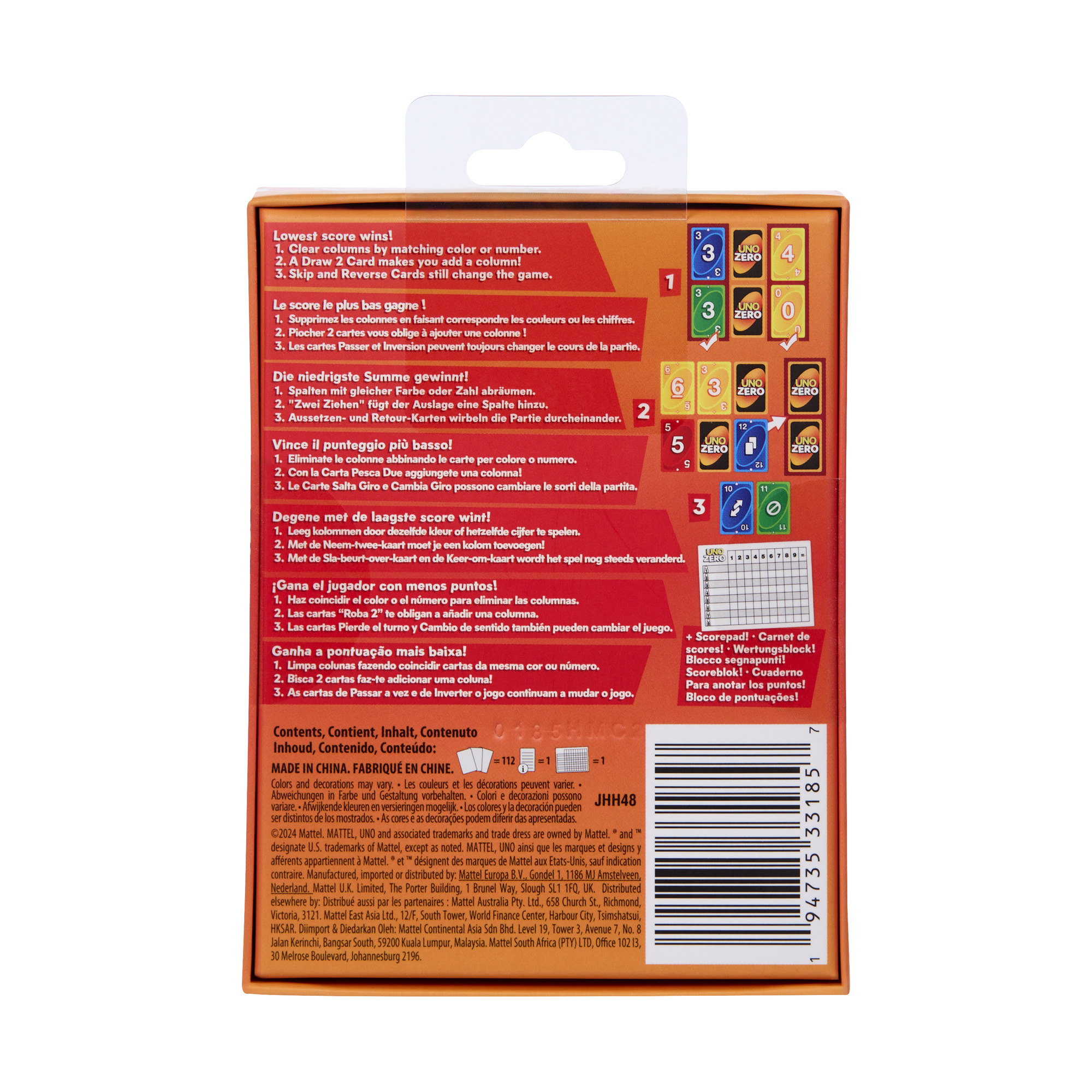 Karton mit Uno-Karten. Text in mehreren Sprachen mit Anweisungen und Spieldetails.