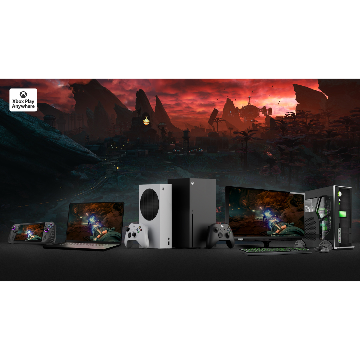 Consolas Xbox, portátil, PC y dispositivo portátil. El fondo muestra una escena del juego. El logotipo de Xbox Play Anywhere está en la esquina superior izquierda.