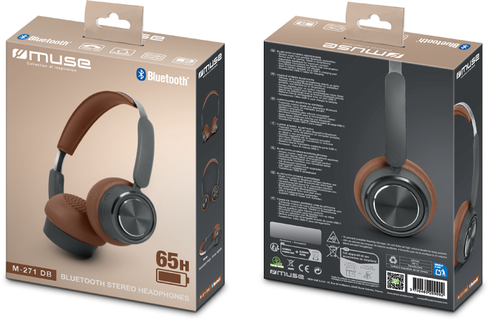 Dobozos Muse Bluetooth sztereó fejhallgató, barna és szürke, 65 órás akkumulátor-jelzővel.