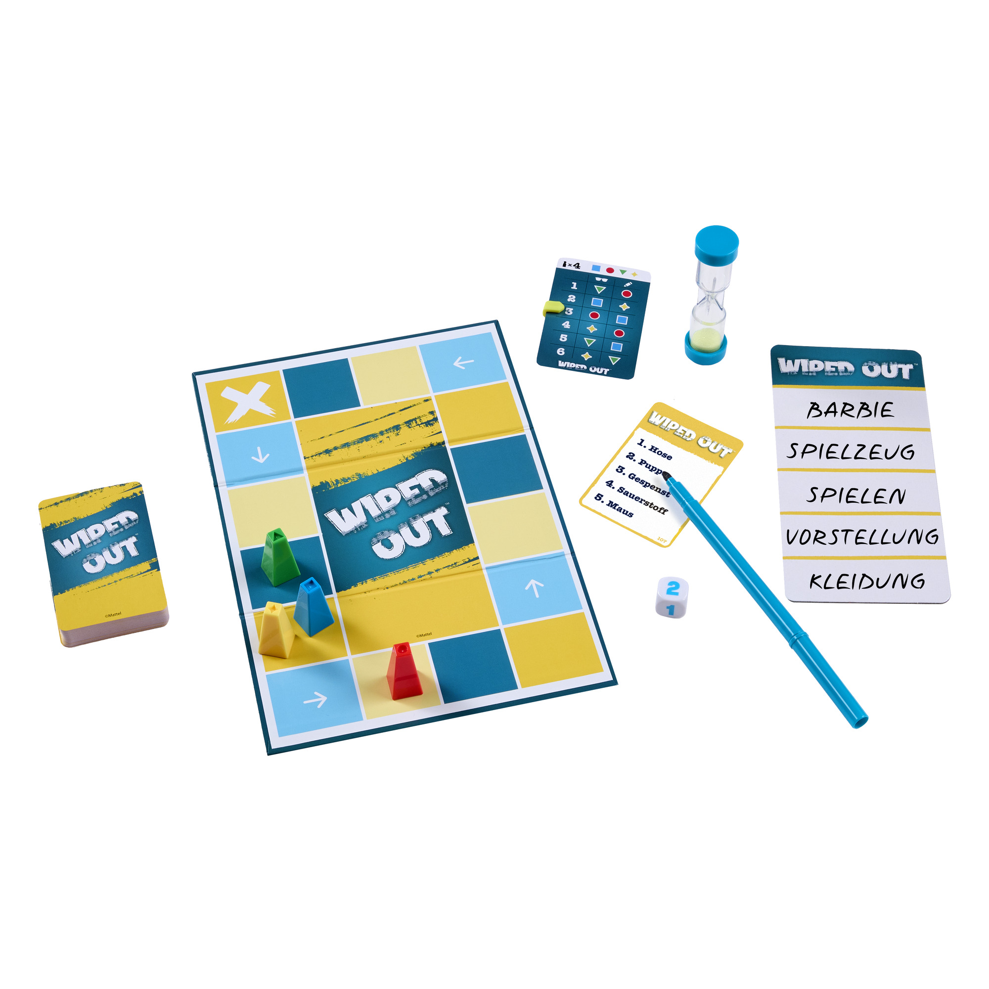 Ein Brettspiel namens "Wiped Out". Enthält Spielsteine, Karten, einen Timer, einen Würfel und einen blauen Stift.