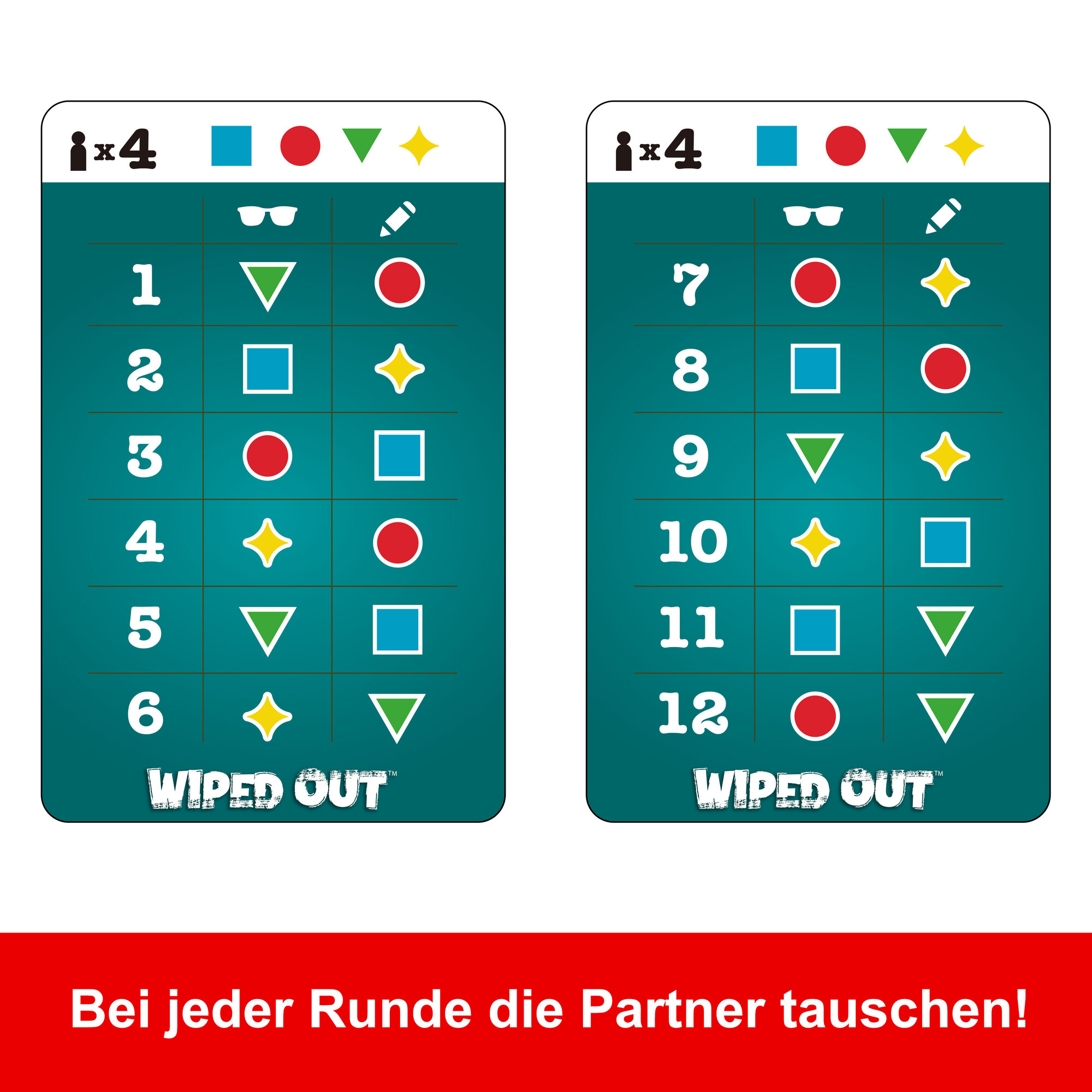 Zwei Spielkarten mit Zahlen und Symbolen. Unten steht 'WIPED OUT'. Der Boden ist rot und sagt 'Bei jeder Runde die Partner tauschen!'