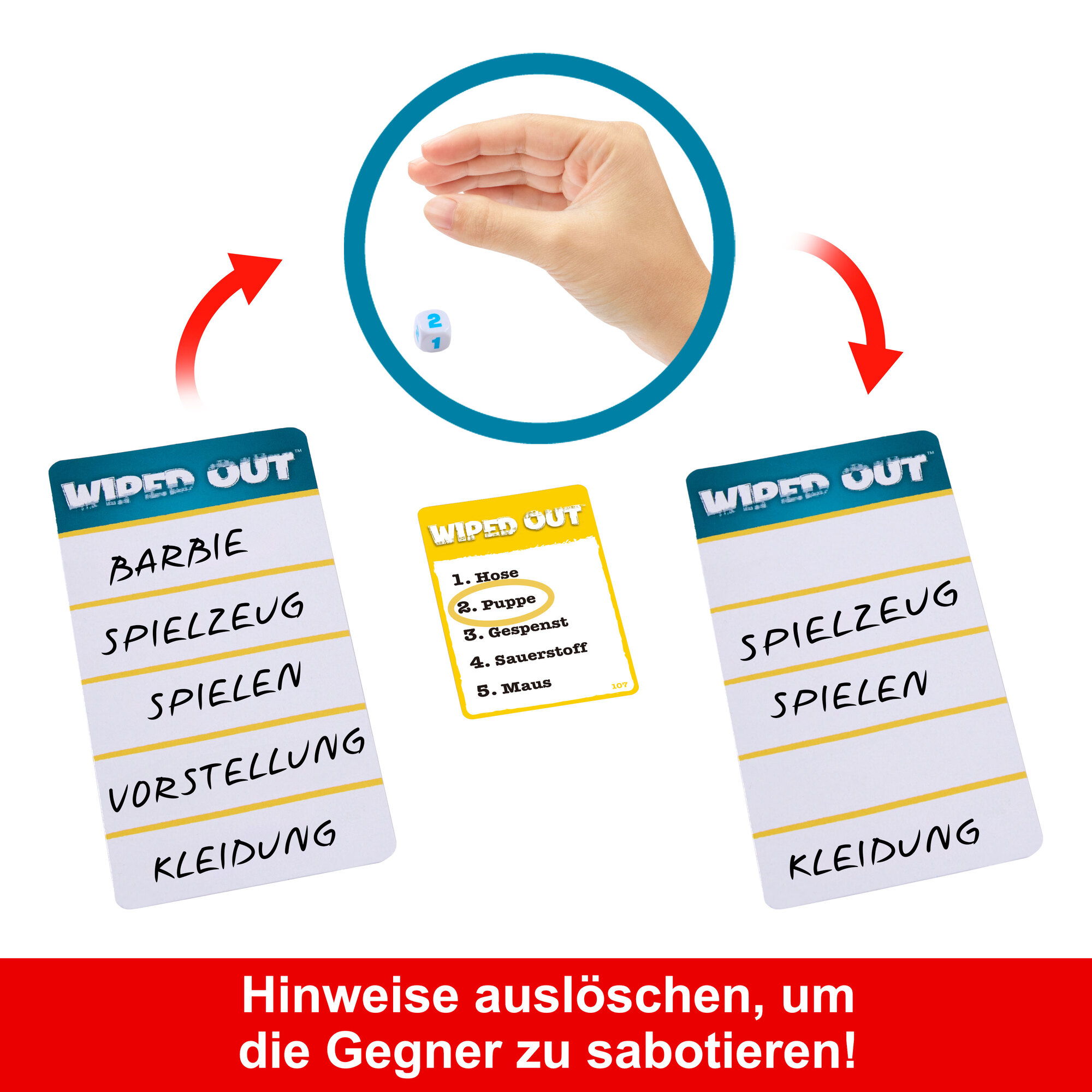 Ein Spiel mit Karten und einer Hand, die Würfel hält. Karten haben deutsche Wörter. Würfel zeigt die Zahl 2.