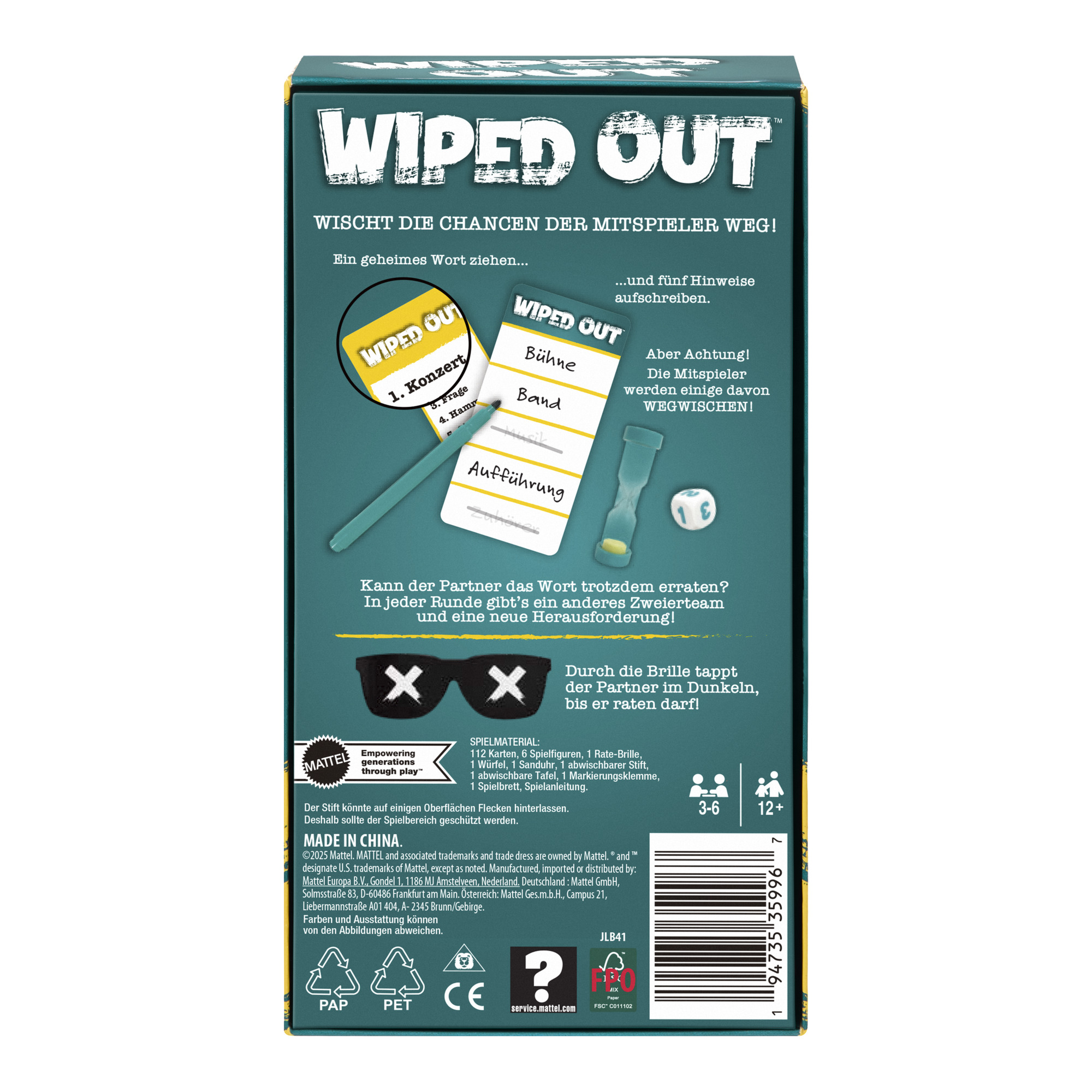 Schachtelkunst für ein Spiel namens 'Wiped Out'. Enthält Spielkomponenten, Anweisungen und das Mattel-Logo.