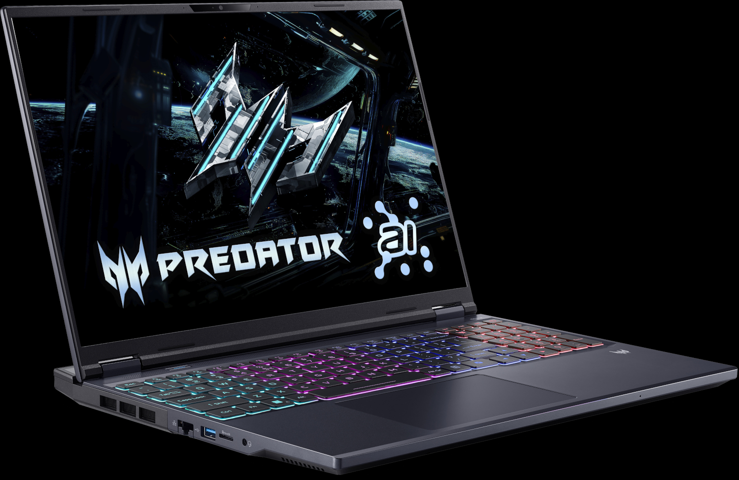 A Predator laptop with an illuminated keyboard displays a space scene. The screen shows the Predator logo and AI symbol.