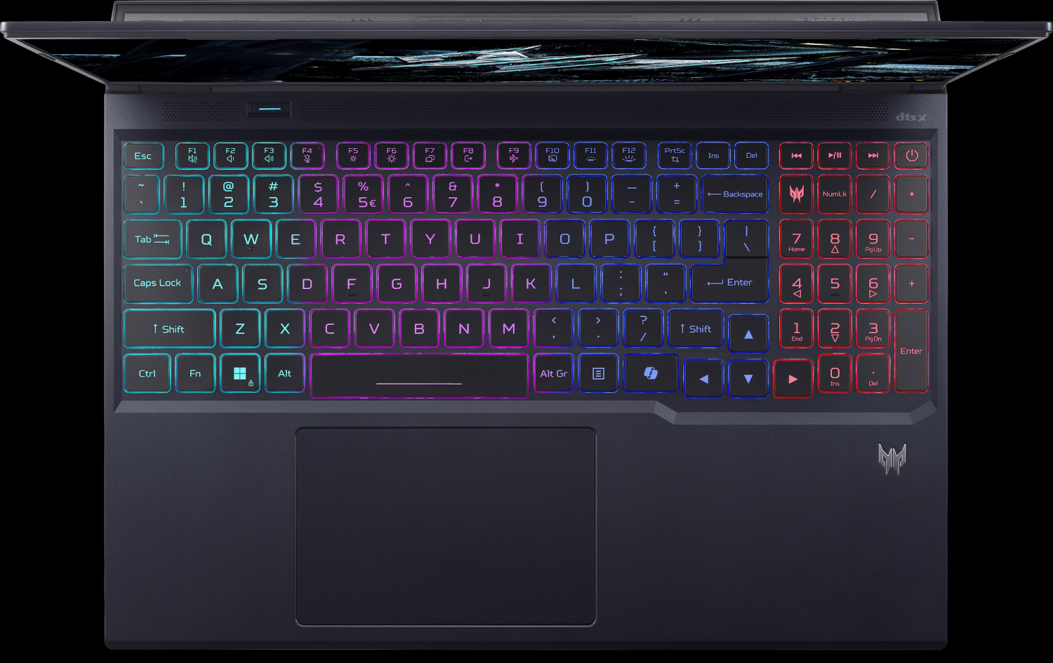 Top-down view of a laptop keyboard with colorful backlit keys. Includes a touchpad and the Predator logo.